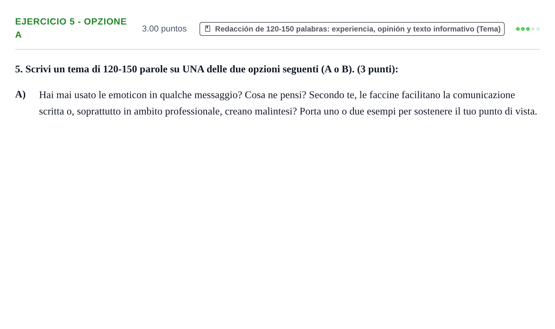 Enunciado: Ejercicio 5 - Opzione A · Italiano PAU Baleares Extraordinaria 2026