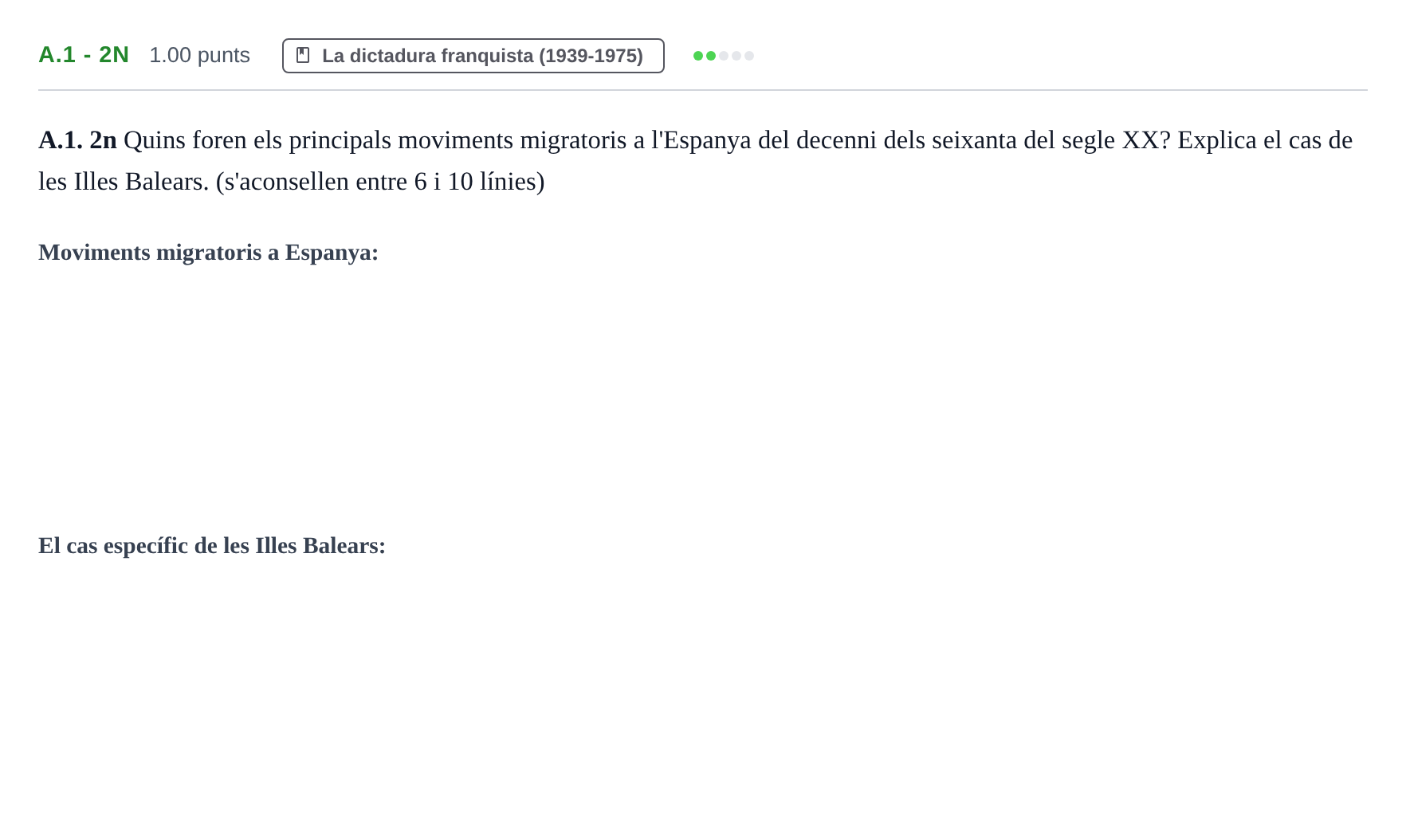 Enunciado: Ejercicio A.1 - 2n · Historia de España PAU Baleares Ordinaria 2026