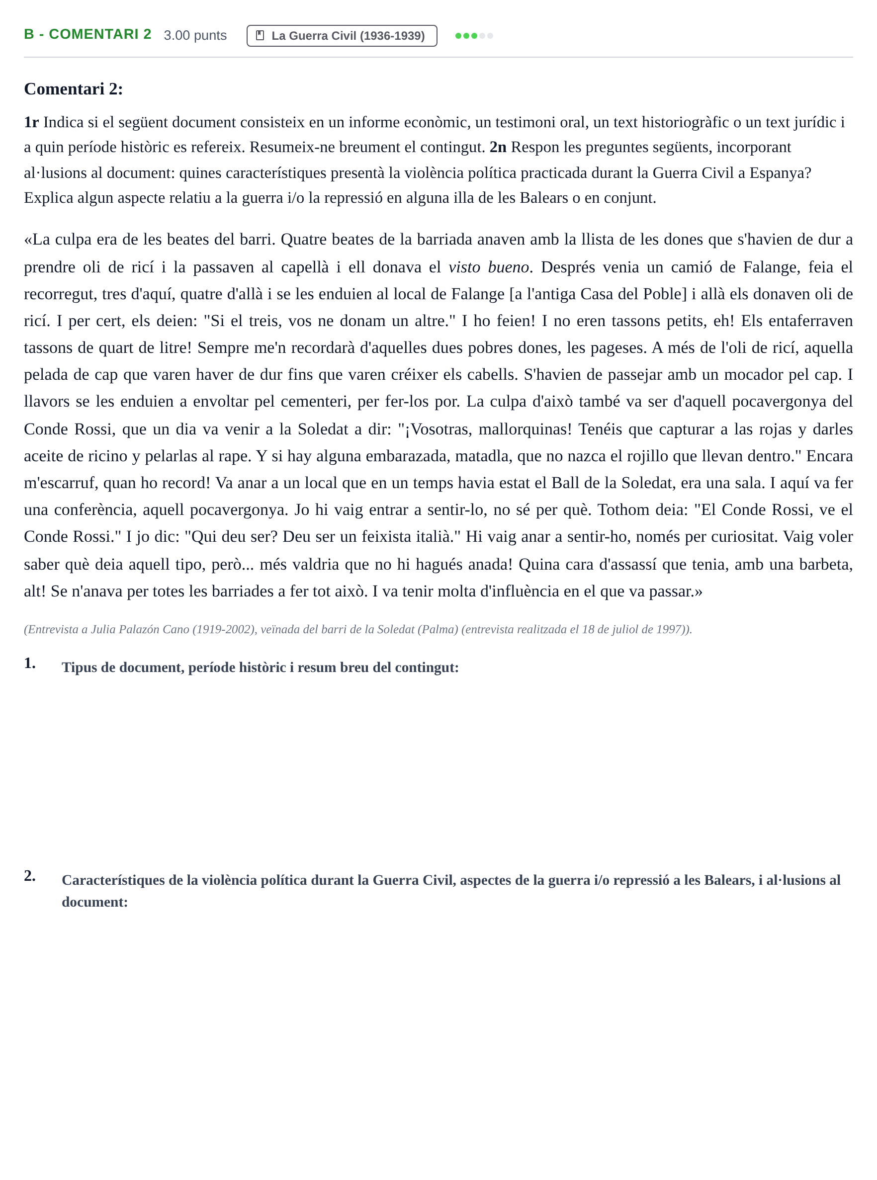 Enunciado: Ejercicio B - Comentari 2 · Historia de España PAU Baleares Ordinaria 2026