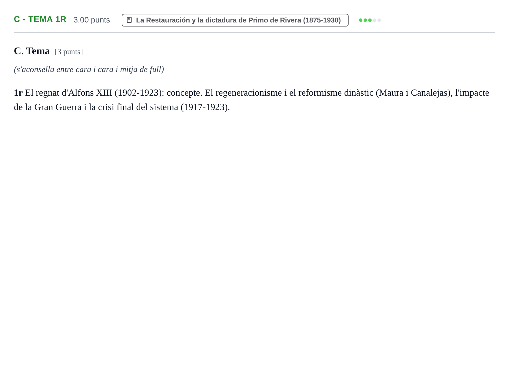 Enunciado: Ejercicio C - Tema 1r · Historia de España PAU Baleares Ordinaria 2026