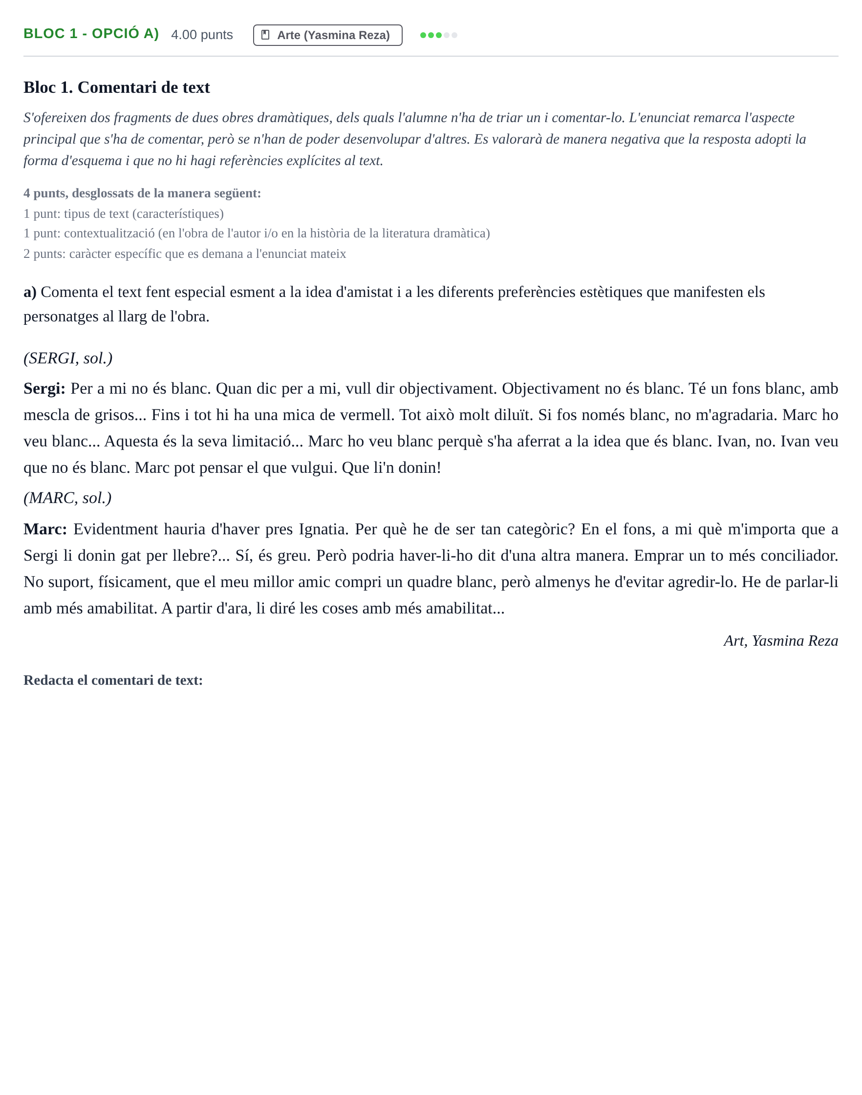 Enunciado: Ejercicio Bloc 1 - Opció a) · Literatura Dramática PAU Baleares Ordinaria 2026