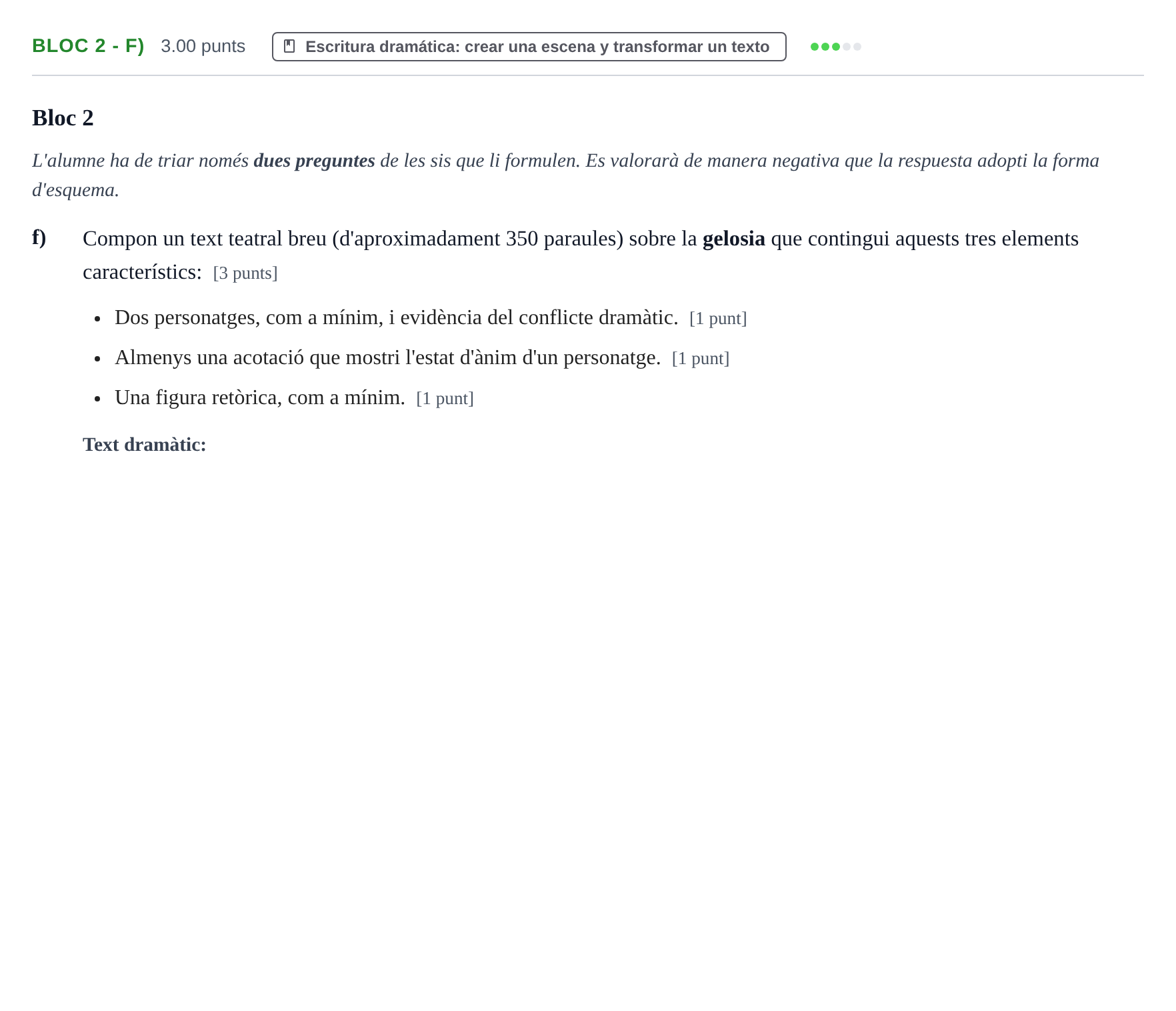Enunciado: Ejercicio Bloc 2 - f) · Literatura Dramática PAU Baleares Ordinaria 2026