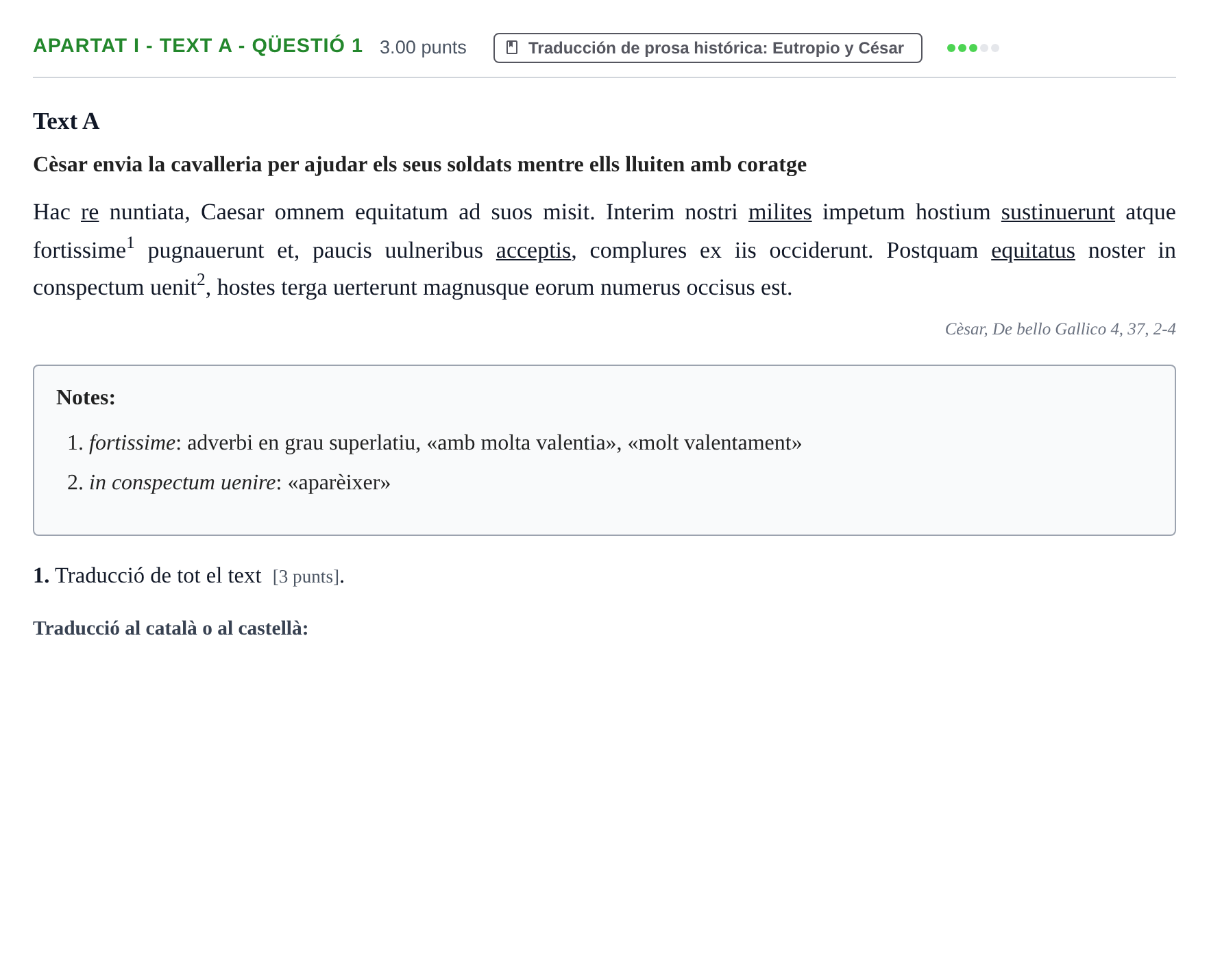 Enunciado: Ejercicio Apartat I - Text A - Qüestió 1 · Latín II PAU Baleares Ordinaria 2026