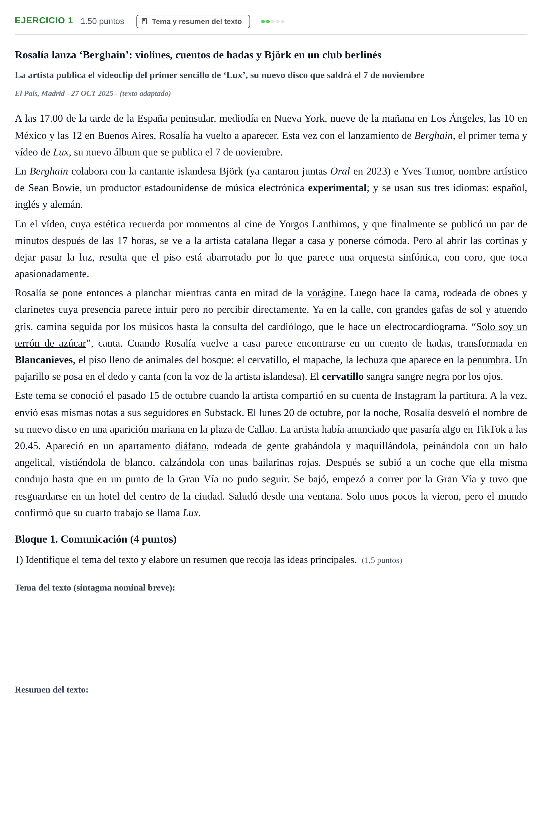 Enunciado: Problema 1 · Lengua Castellana y Literatura II PAU Baleares Extraordinaria 2026