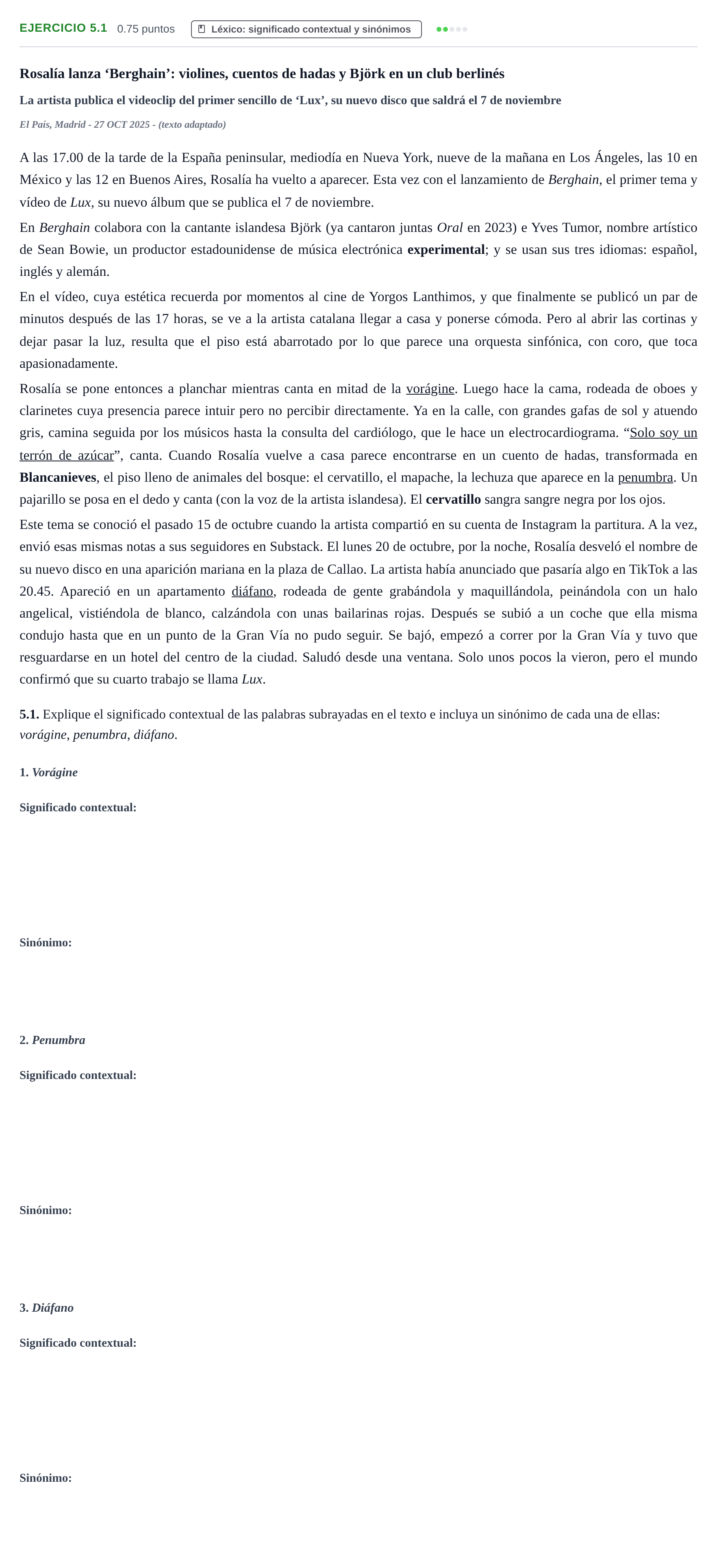 Enunciado: Ejercicio 5.1 · Lengua Castellana y Literatura II PAU Baleares Extraordinaria 2026