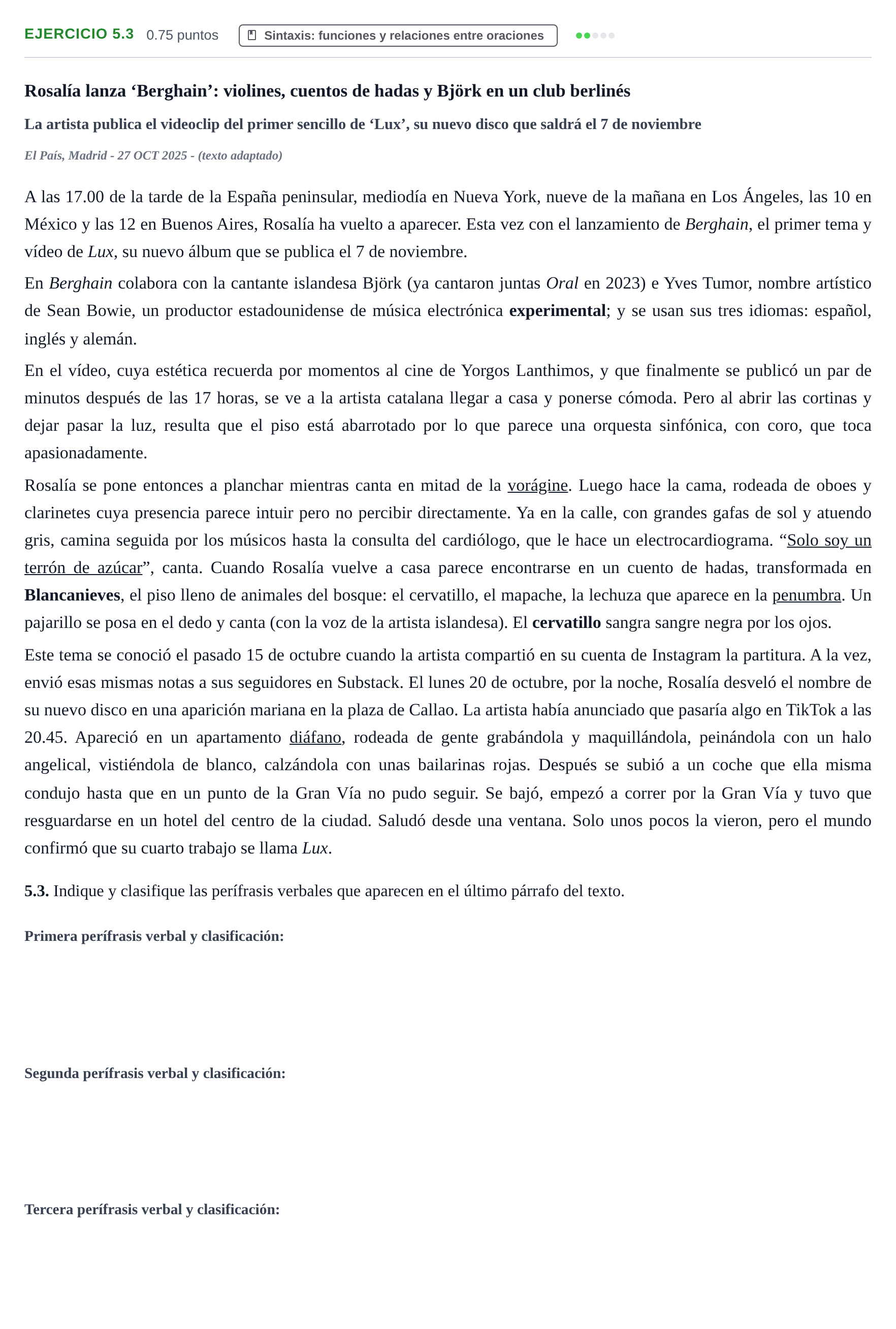 Enunciado: Ejercicio 5.3 · Lengua Castellana y Literatura II PAU Baleares Extraordinaria 2026