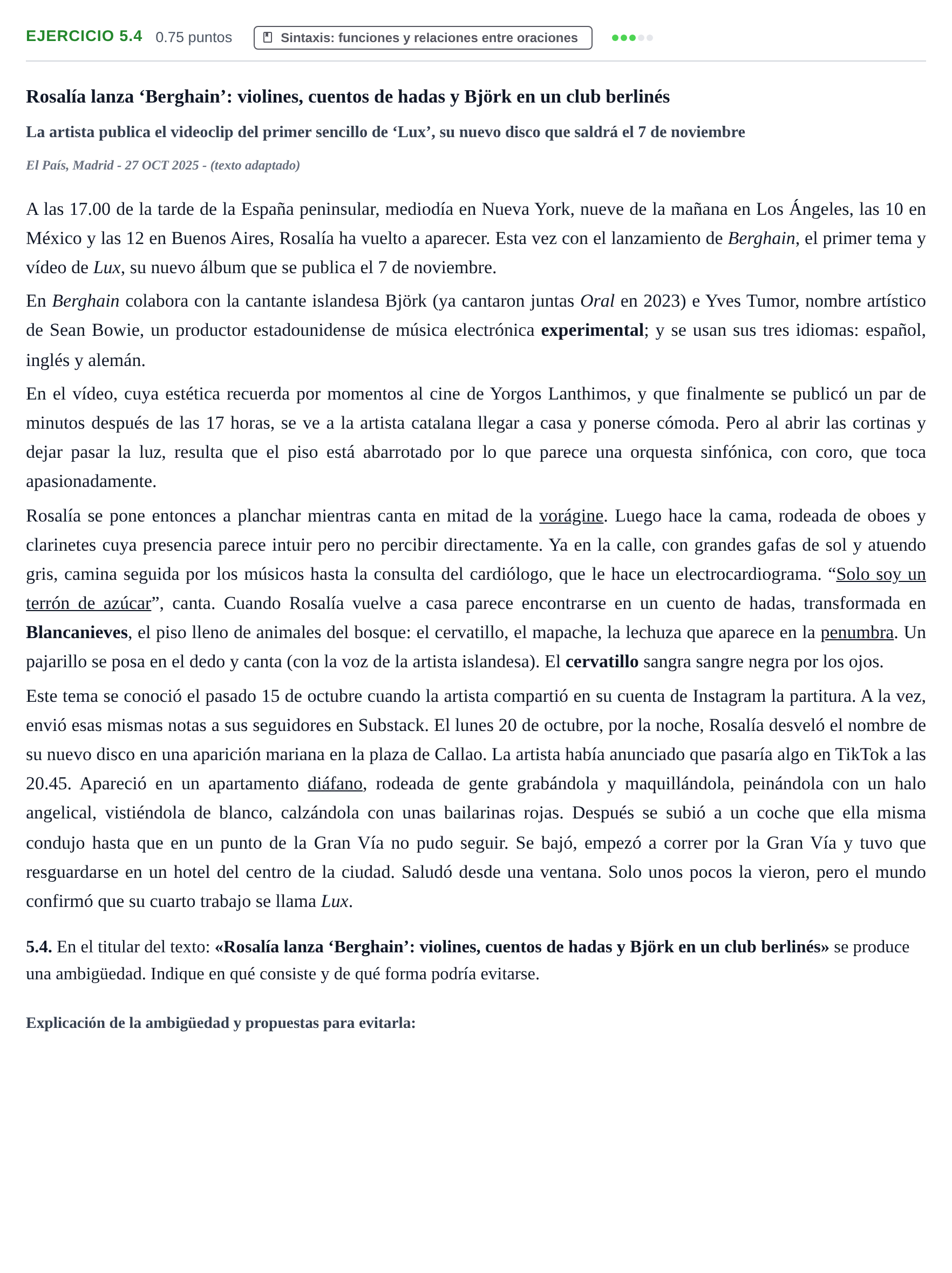 Enunciado: Ejercicio 5.4 · Lengua Castellana y Literatura II PAU Baleares Extraordinaria 2026