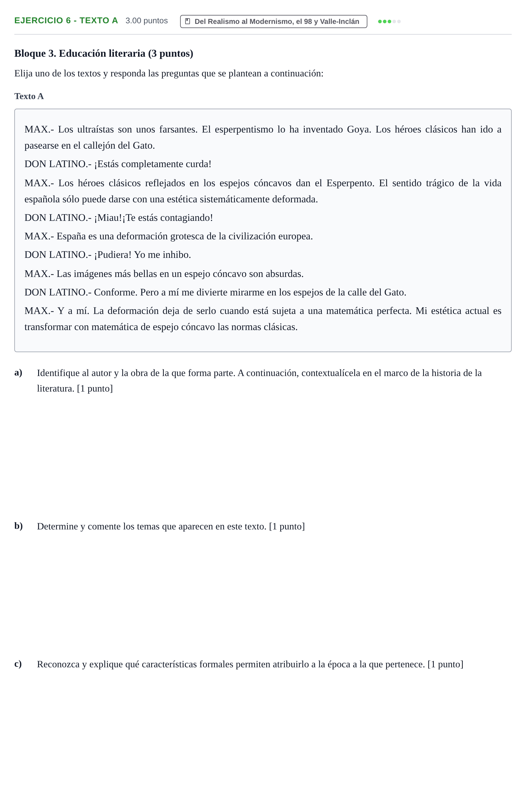 Enunciado: Ejercicio 6 - Texto A · Lengua Castellana y Literatura II PAU Baleares Extraordinaria 2026