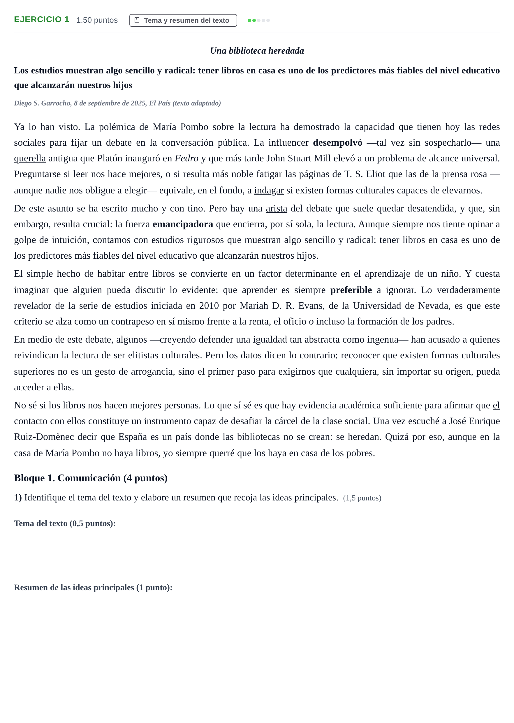 Enunciado: Problema 1 · Lengua Castellana y Literatura II PAU Baleares Ordinaria 2026