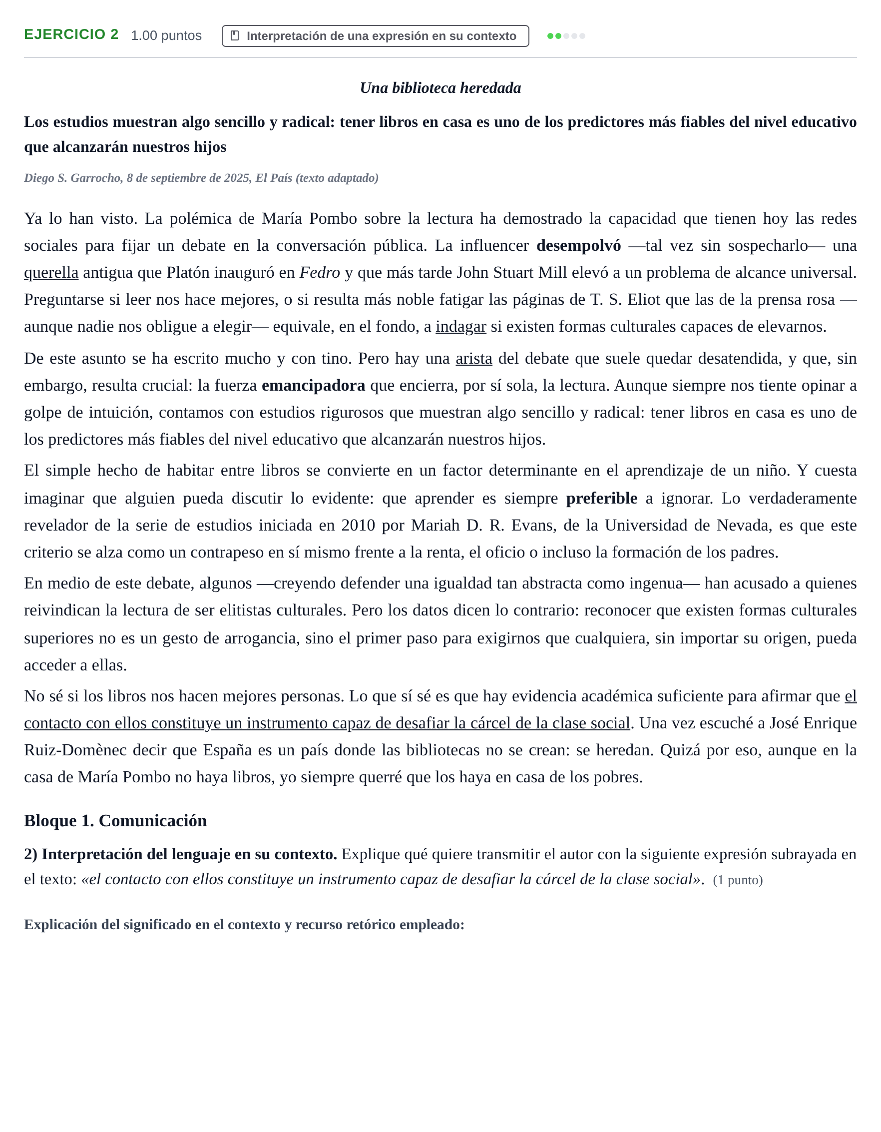 Enunciado: Problema 2 · Lengua Castellana y Literatura II PAU Baleares Ordinaria 2026