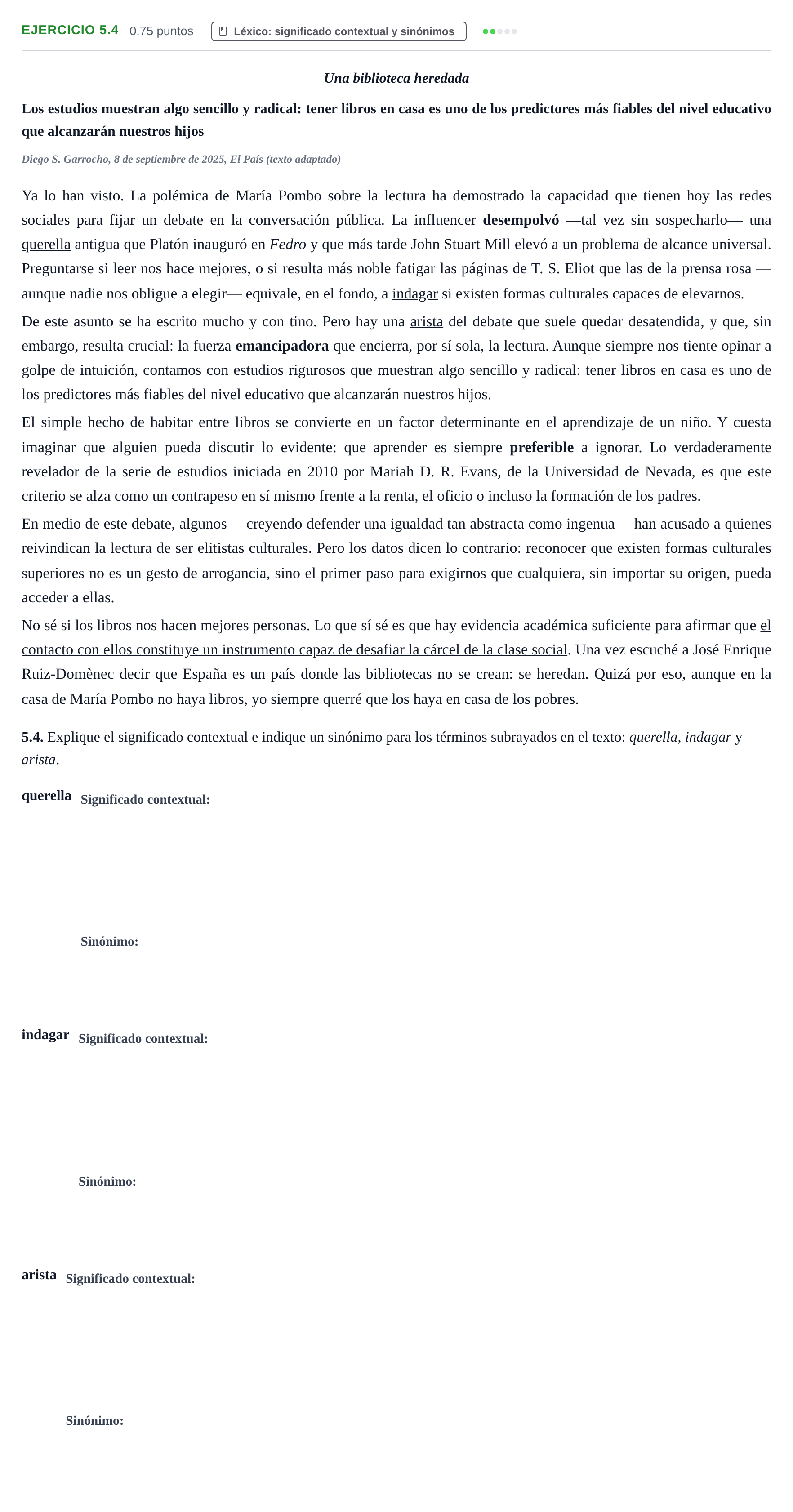 Enunciado: Ejercicio 5.4 · Lengua Castellana y Literatura II PAU Baleares Ordinaria 2026