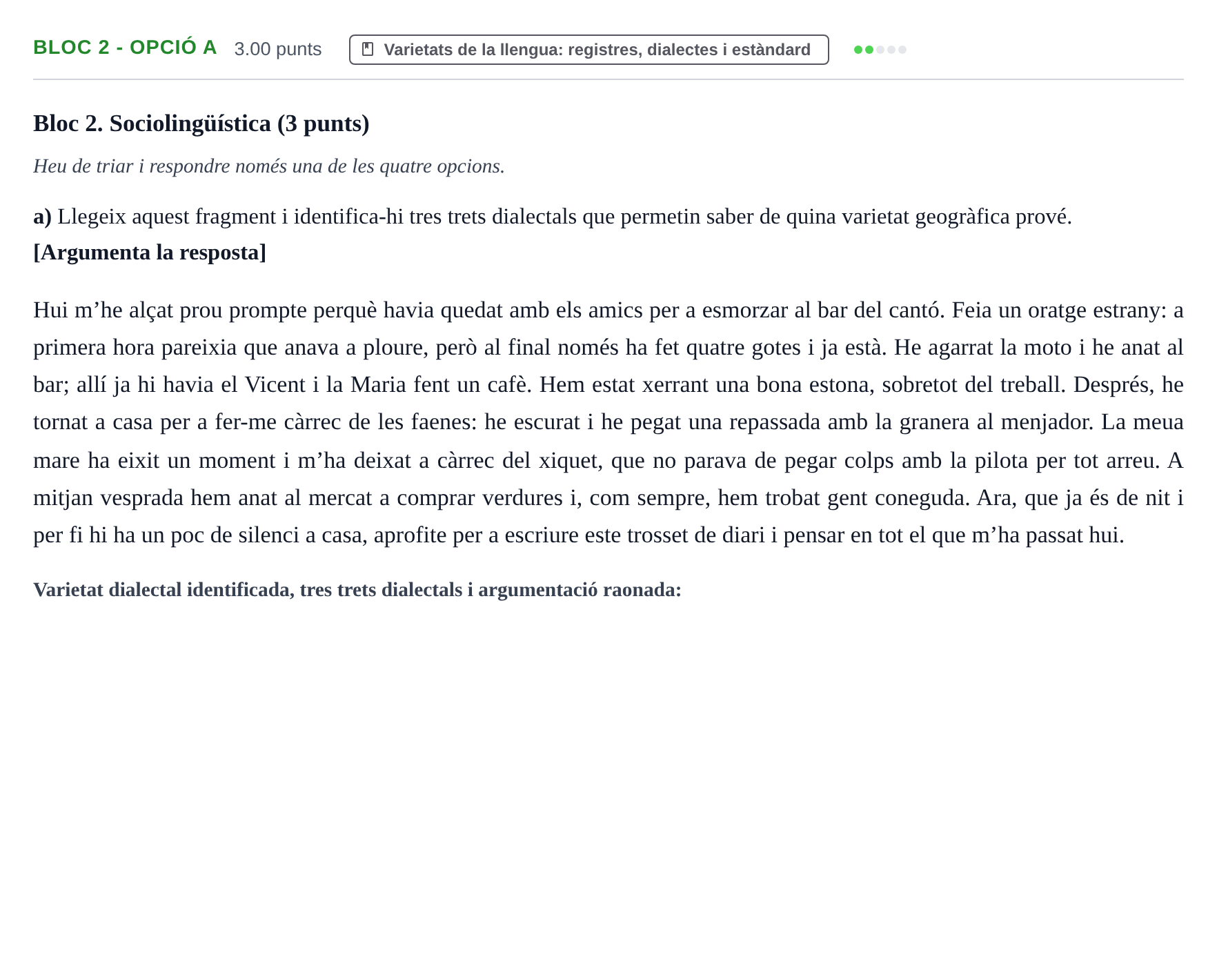 Enunciado: Ejercicio Bloc 2 - Opció a · Lengua Catalana y Literatura II PAU Baleares Extraordinaria 2026