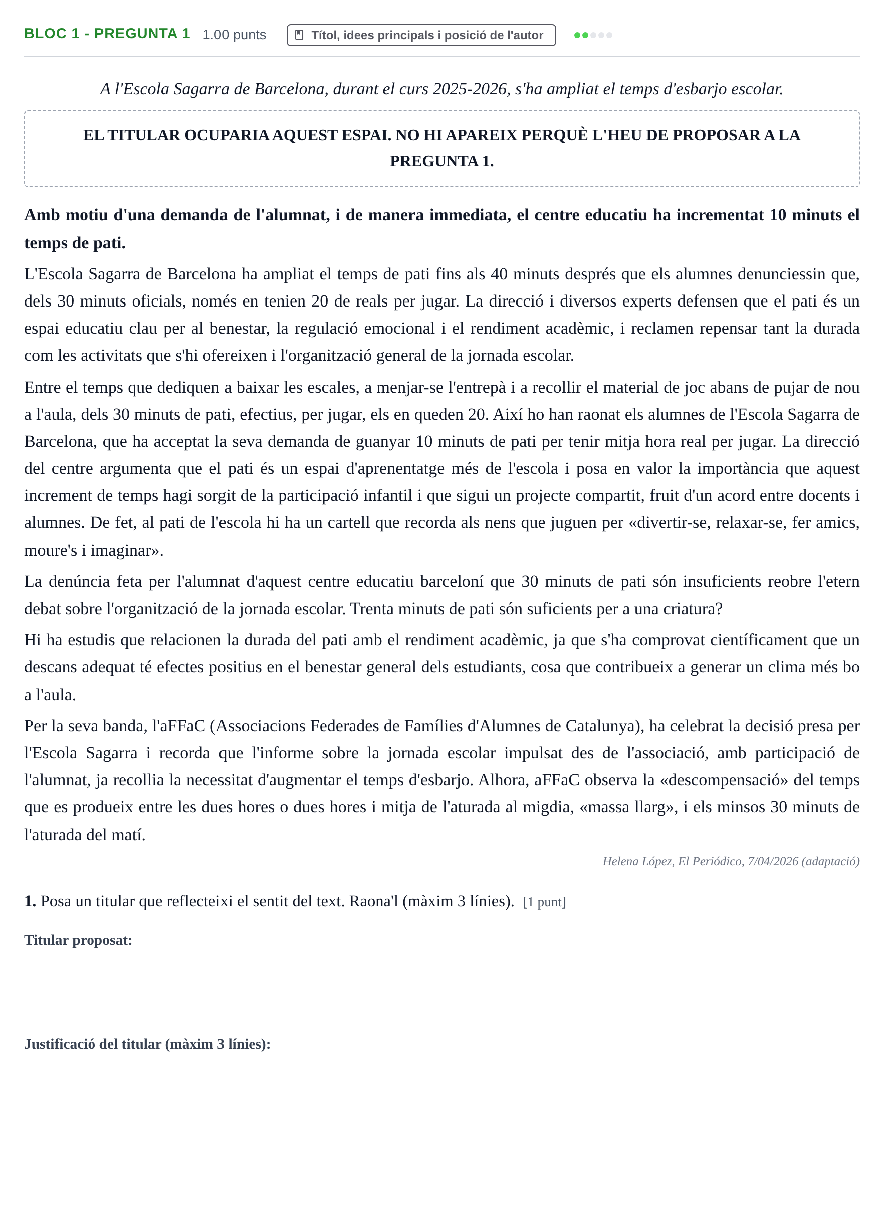 Enunciado: Ejercicio Bloc 1 - Pregunta 1 · Lengua Catalana y Literatura II PAU Baleares Ordinaria 2026