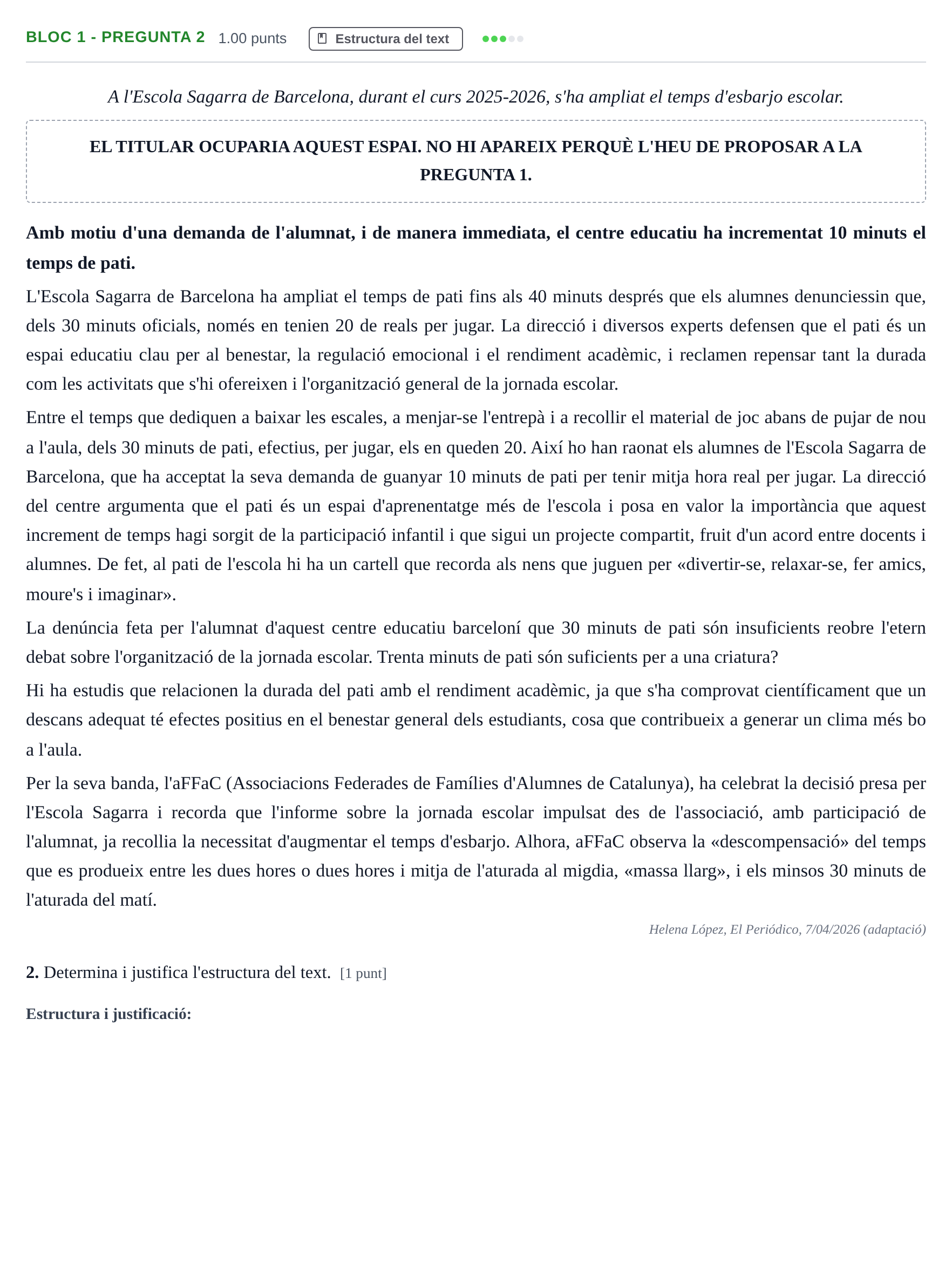 Enunciado: Ejercicio Bloc 1 - Pregunta 2 · Lengua Catalana y Literatura II PAU Baleares Ordinaria 2026