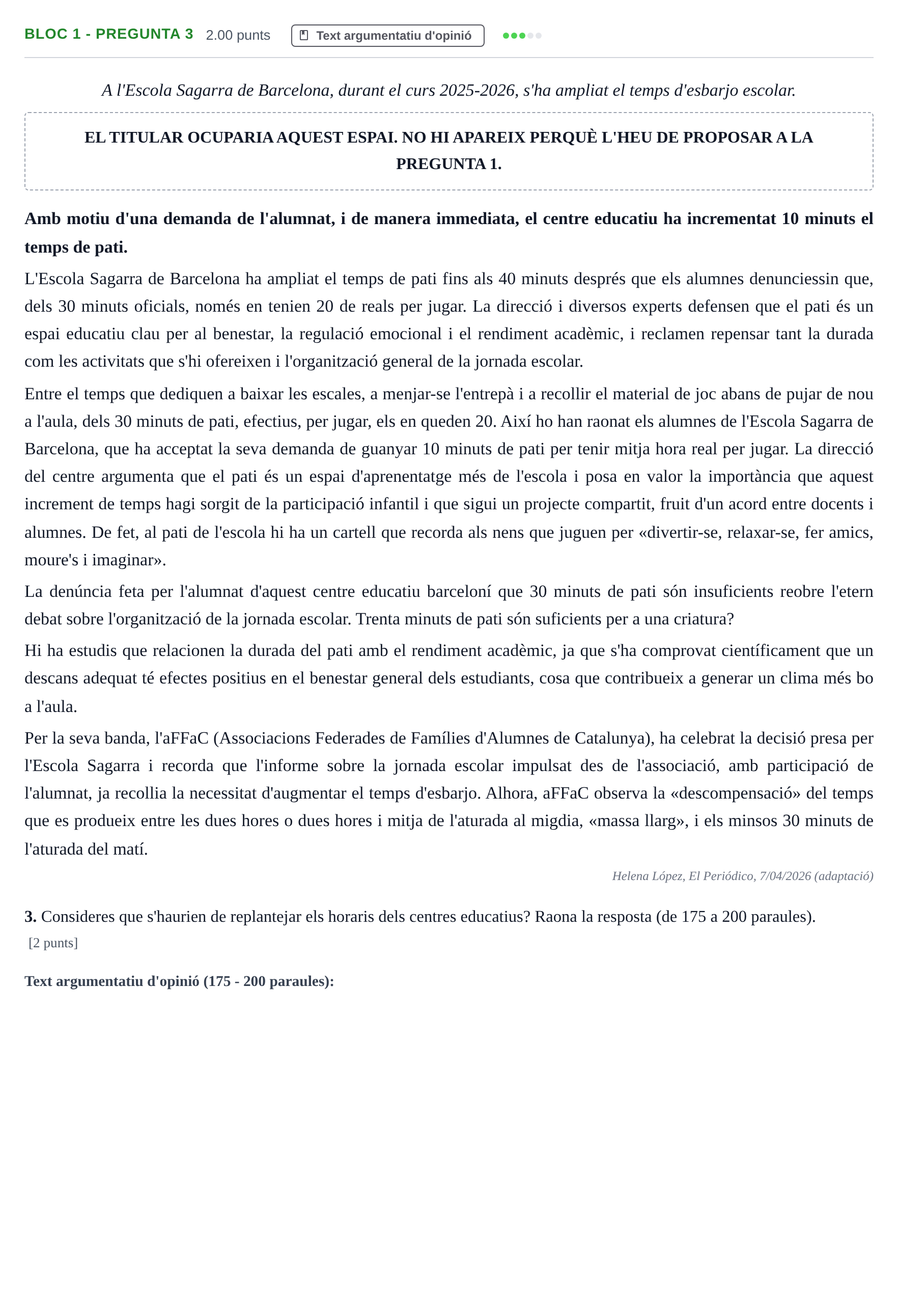 Enunciado: Ejercicio Bloc 1 - Pregunta 3 · Lengua Catalana y Literatura II PAU Baleares Ordinaria 2026