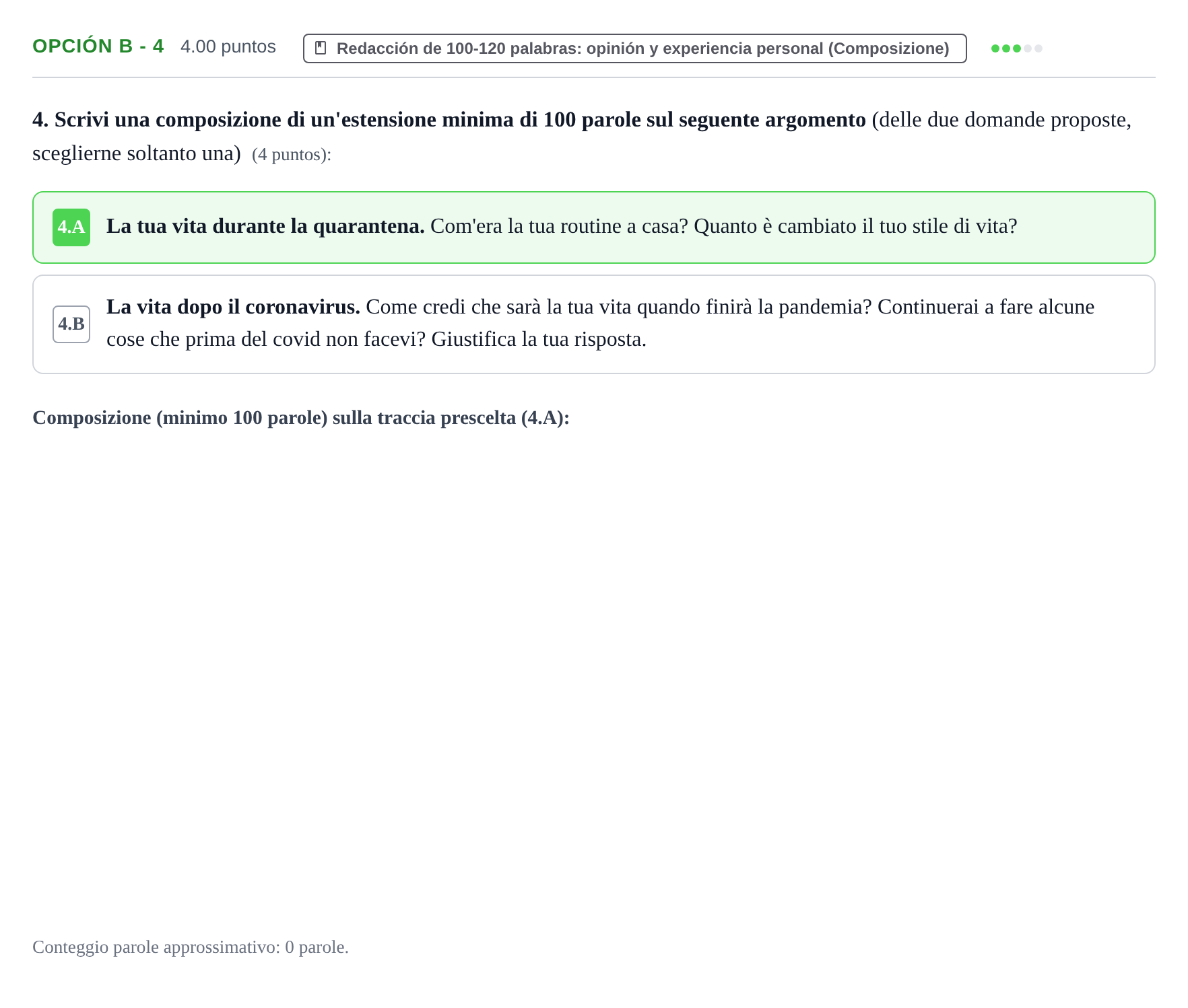 Enunciado: Opción B - 4 · Italiano PAU Asturias Extraordinaria (2ª lengua extranjera) 2021