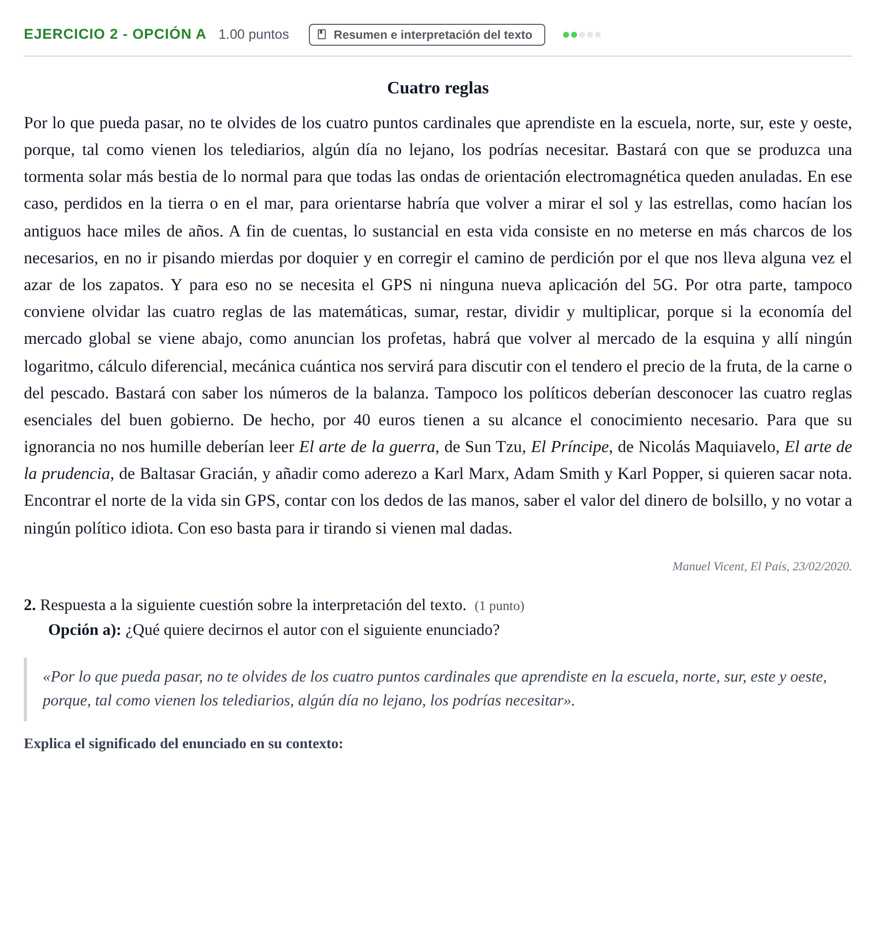 Enunciado: Ejercicio 2 - Opción a · Lengua Castellana y Literatura II PAU Asturias Ordinaria 2021