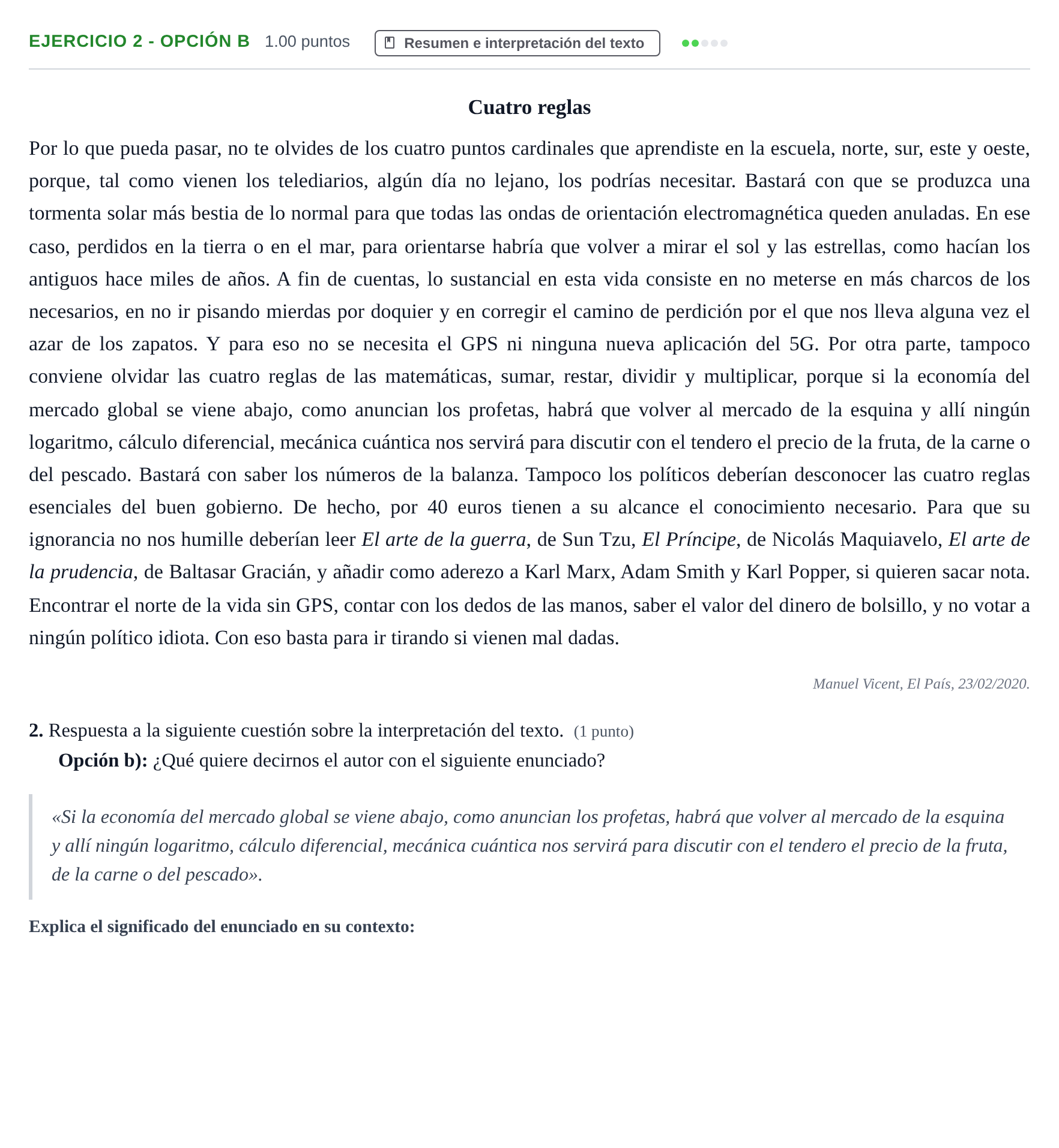 Enunciado: Ejercicio 2 - Opción b · Lengua Castellana y Literatura II PAU Asturias Ordinaria 2021