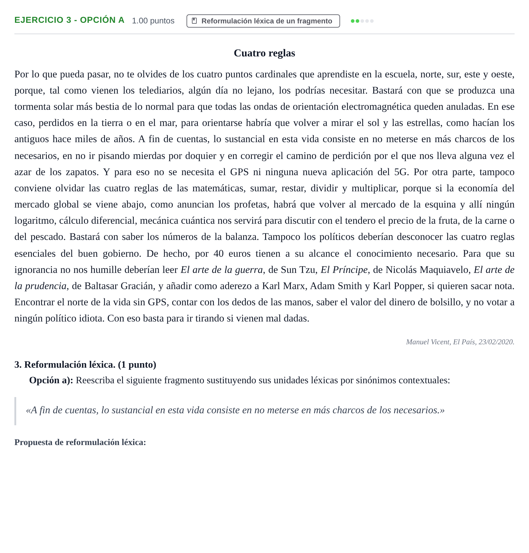 Enunciado: Ejercicio 3 - Opción a · Lengua Castellana y Literatura II PAU Asturias Ordinaria 2021