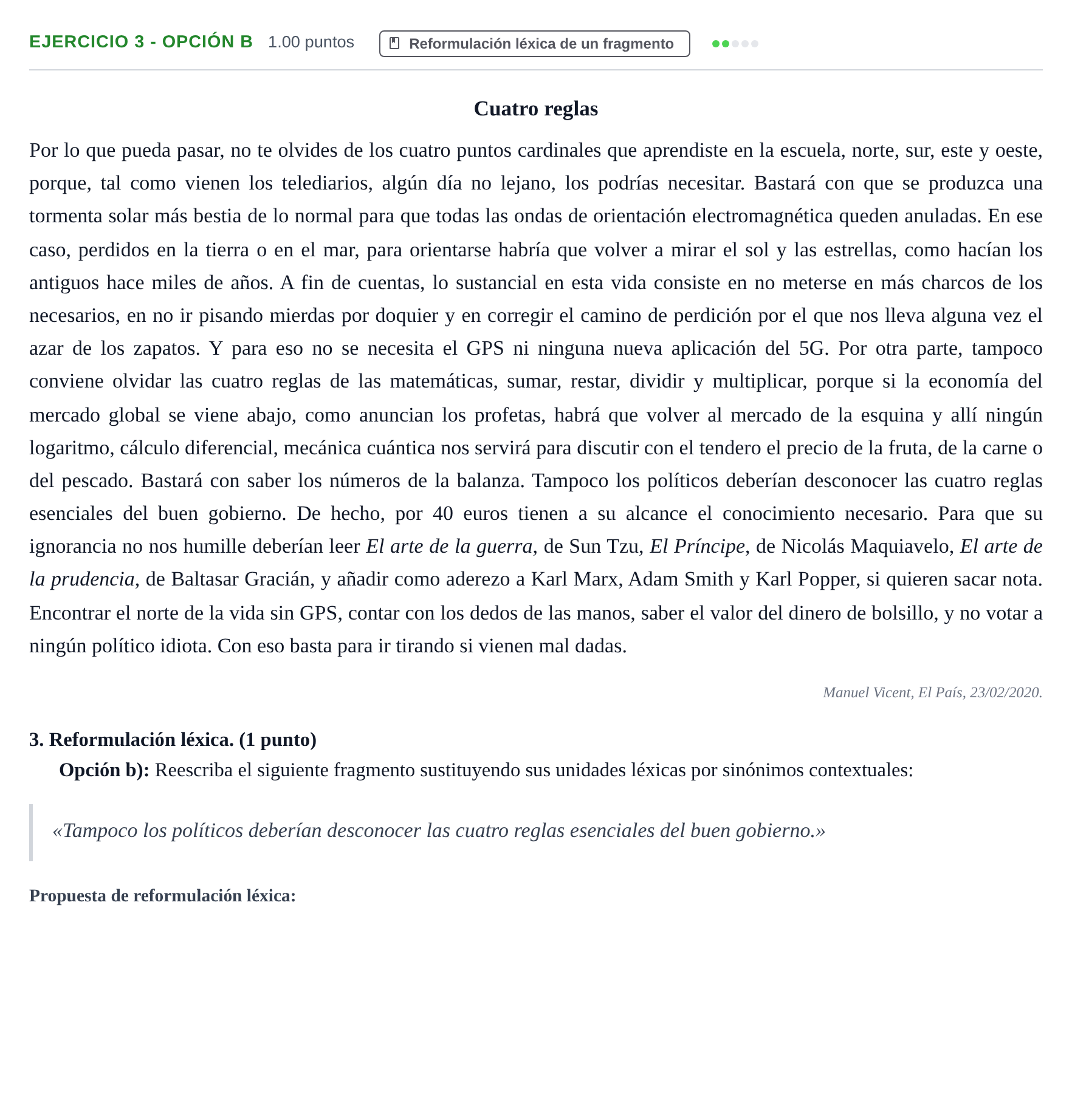 Enunciado: Ejercicio 3 - Opción b · Lengua Castellana y Literatura II PAU Asturias Ordinaria 2021