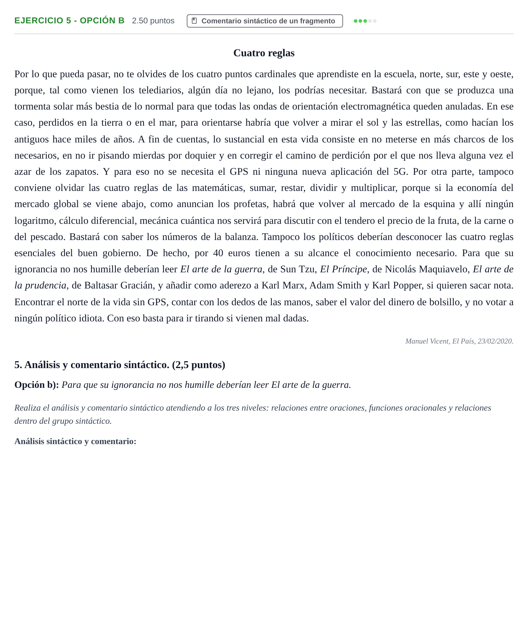 Enunciado: Ejercicio 5 - Opción b · Lengua Castellana y Literatura II PAU Asturias Ordinaria 2021
