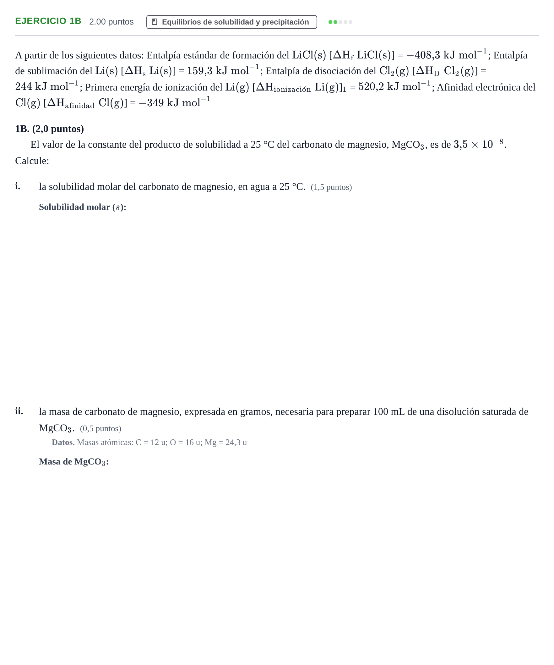 Enunciado: Ejercicio 1B · Química PAU Asturias Extraordinaria 2021