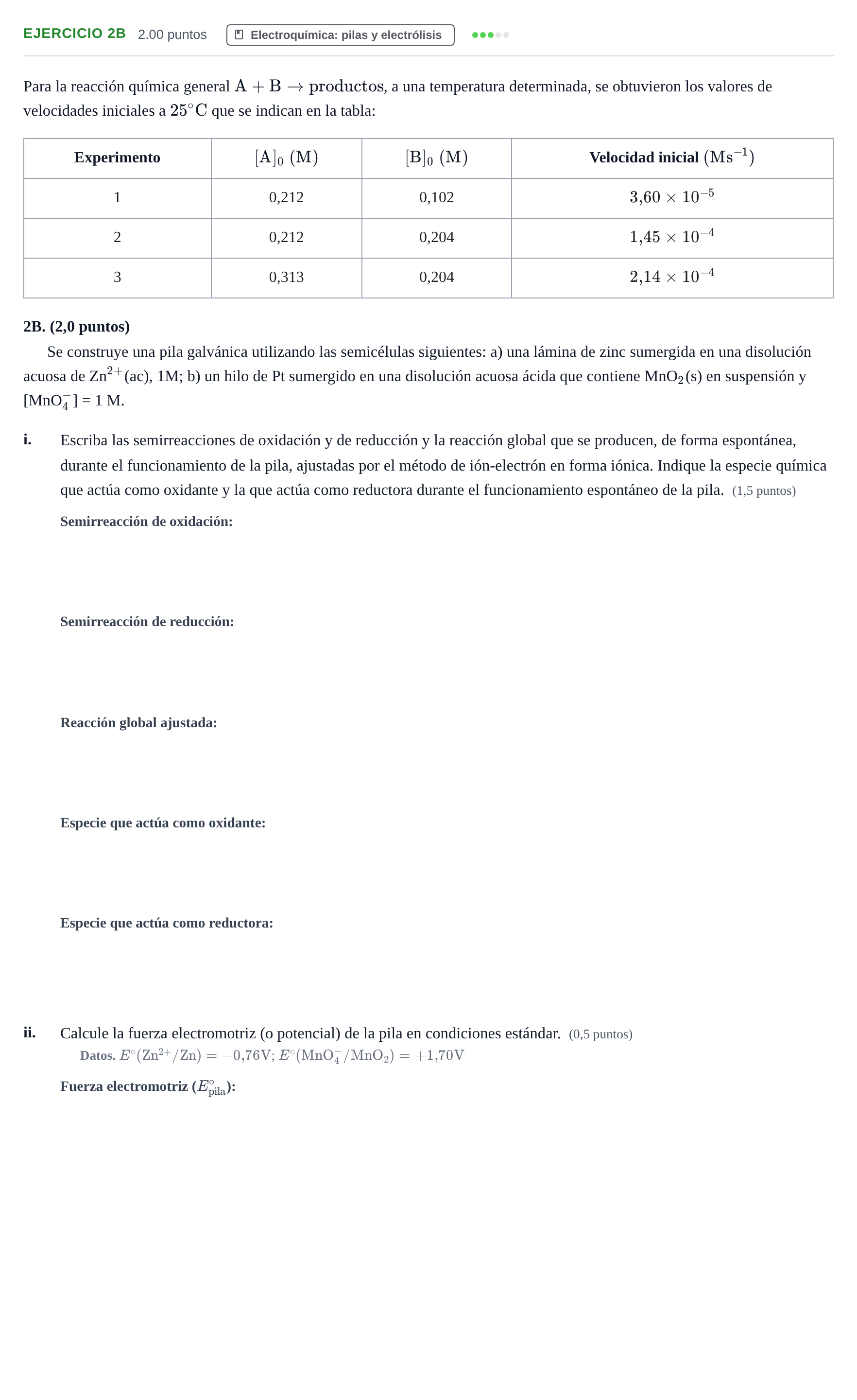 Enunciado: Ejercicio 2B · Química PAU Asturias Extraordinaria 2021