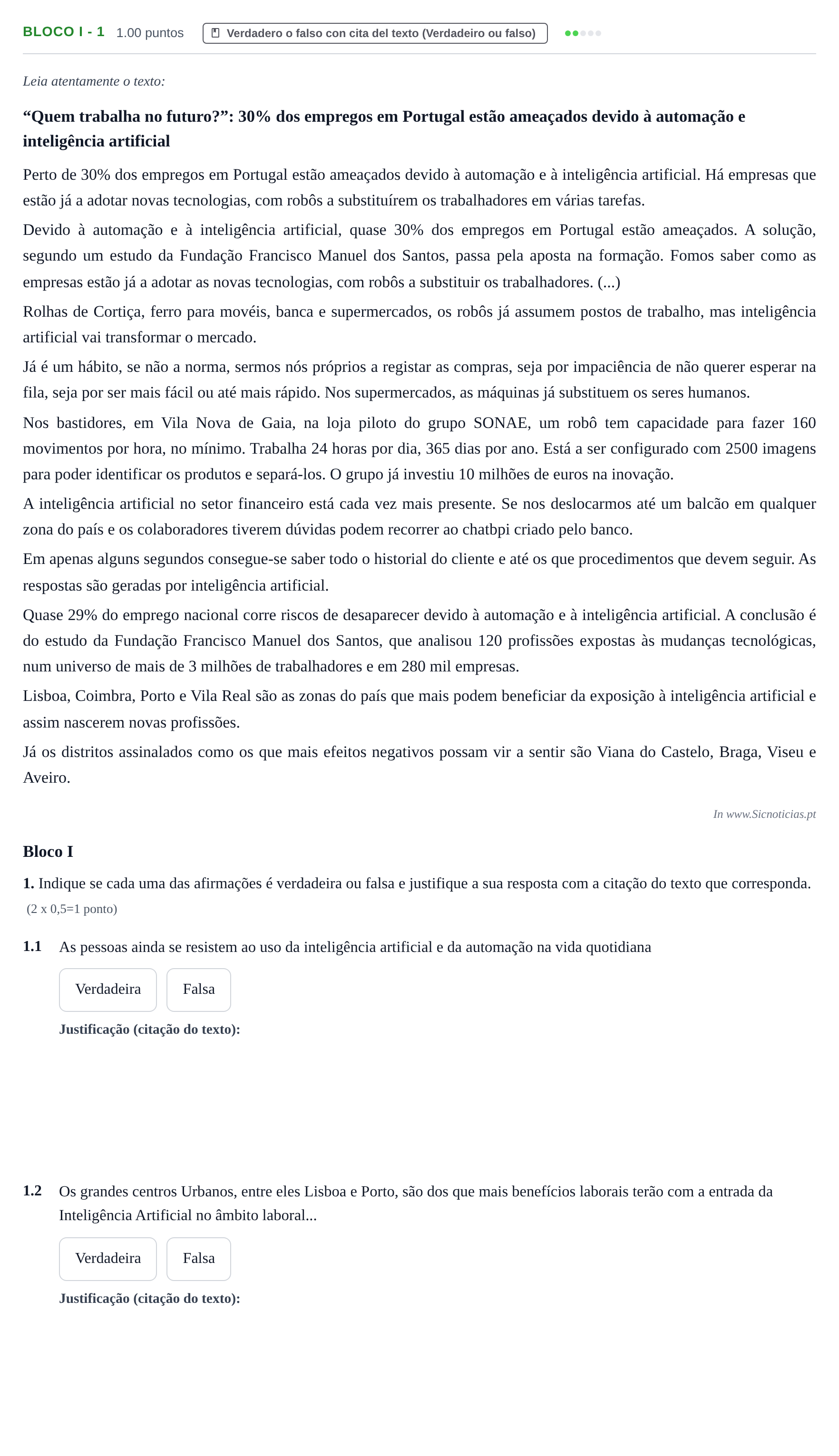 Enunciado: Ejercicio Bloco I - 1 · Portugués PAU Baleares Extraordinaria 2026