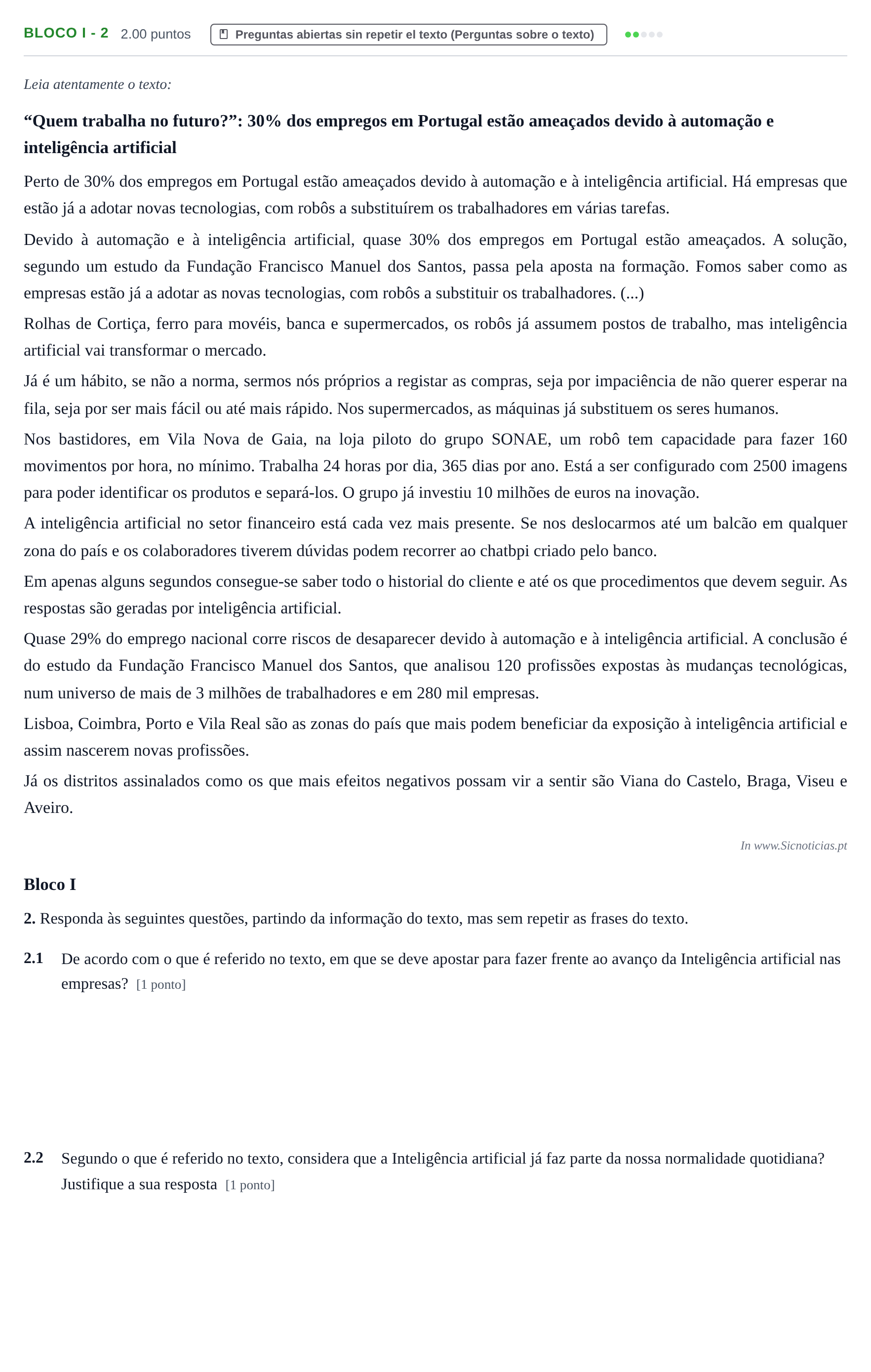 Enunciado: Ejercicio Bloco I - 2 · Portugués PAU Baleares Extraordinaria 2026