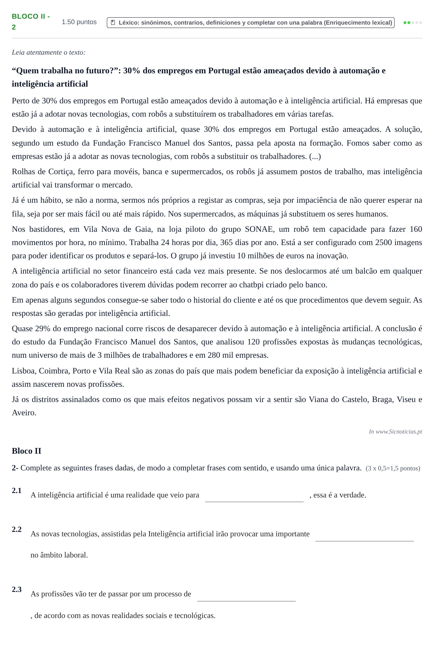 Enunciado: Ejercicio Bloco II - 2 · Portugués PAU Baleares Extraordinaria 2026