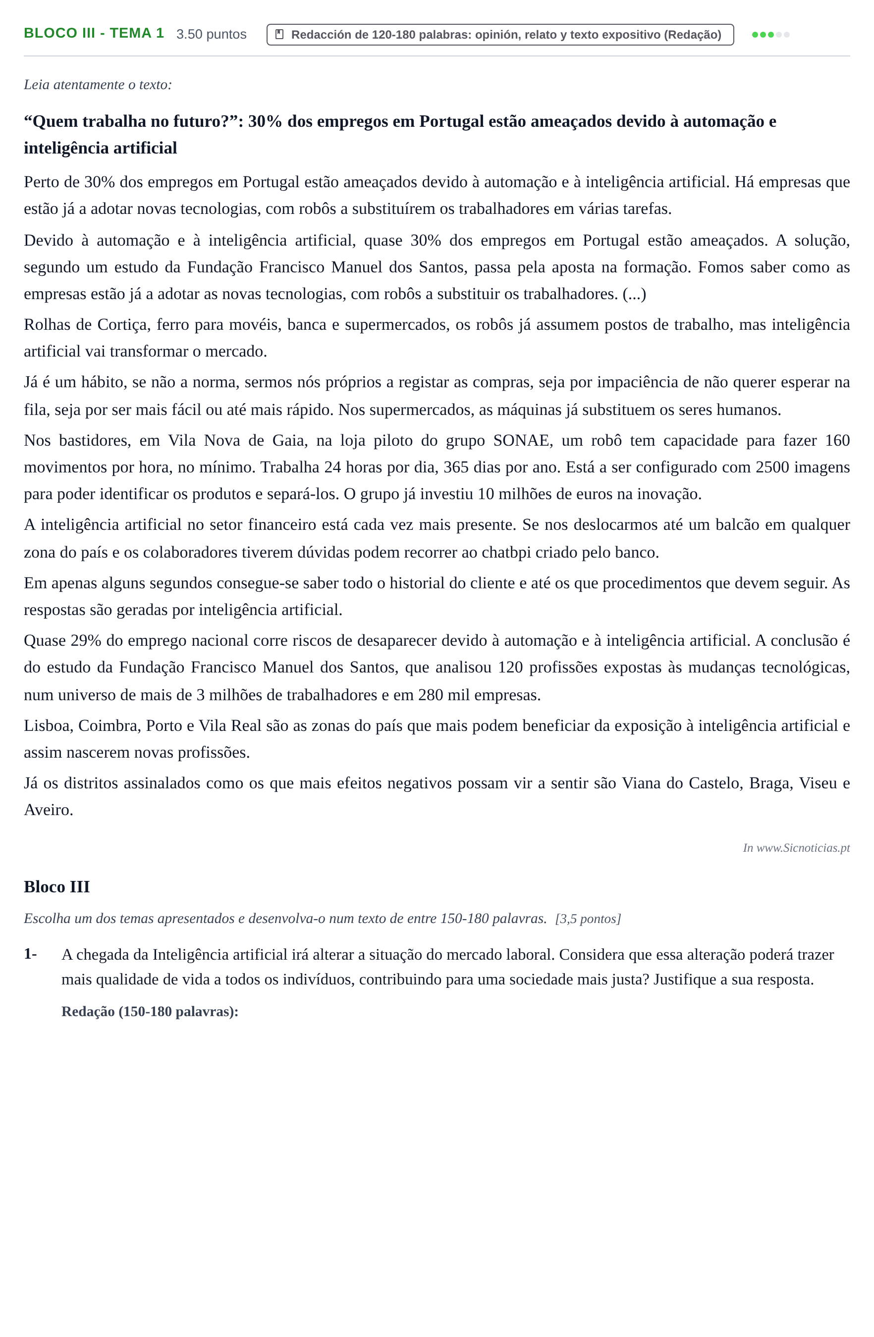Enunciado: Ejercicio Bloco III - Tema 1 · Portugués PAU Baleares Extraordinaria 2026
