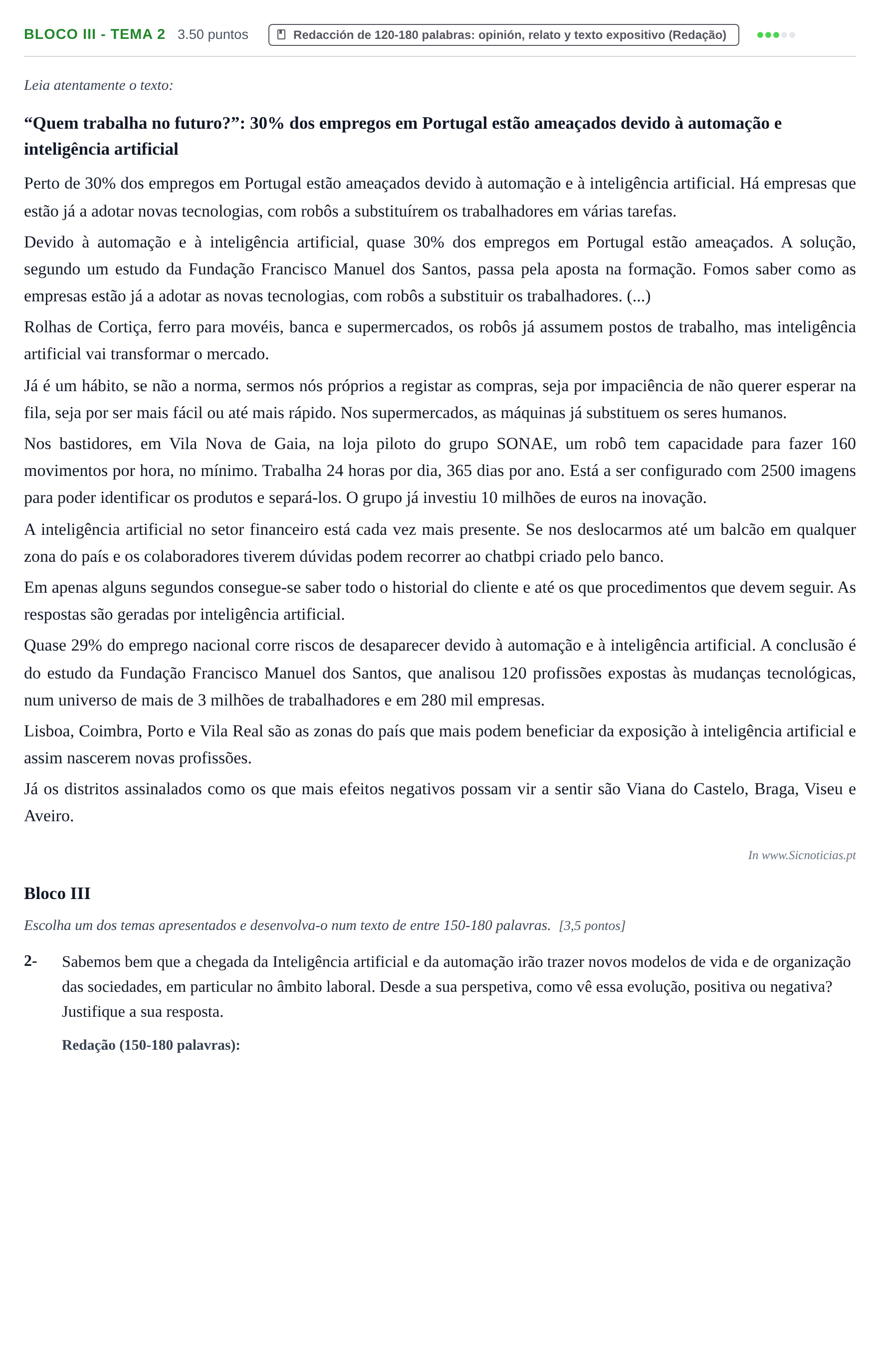 Enunciado: Ejercicio Bloco III - Tema 2 · Portugués PAU Baleares Extraordinaria 2026