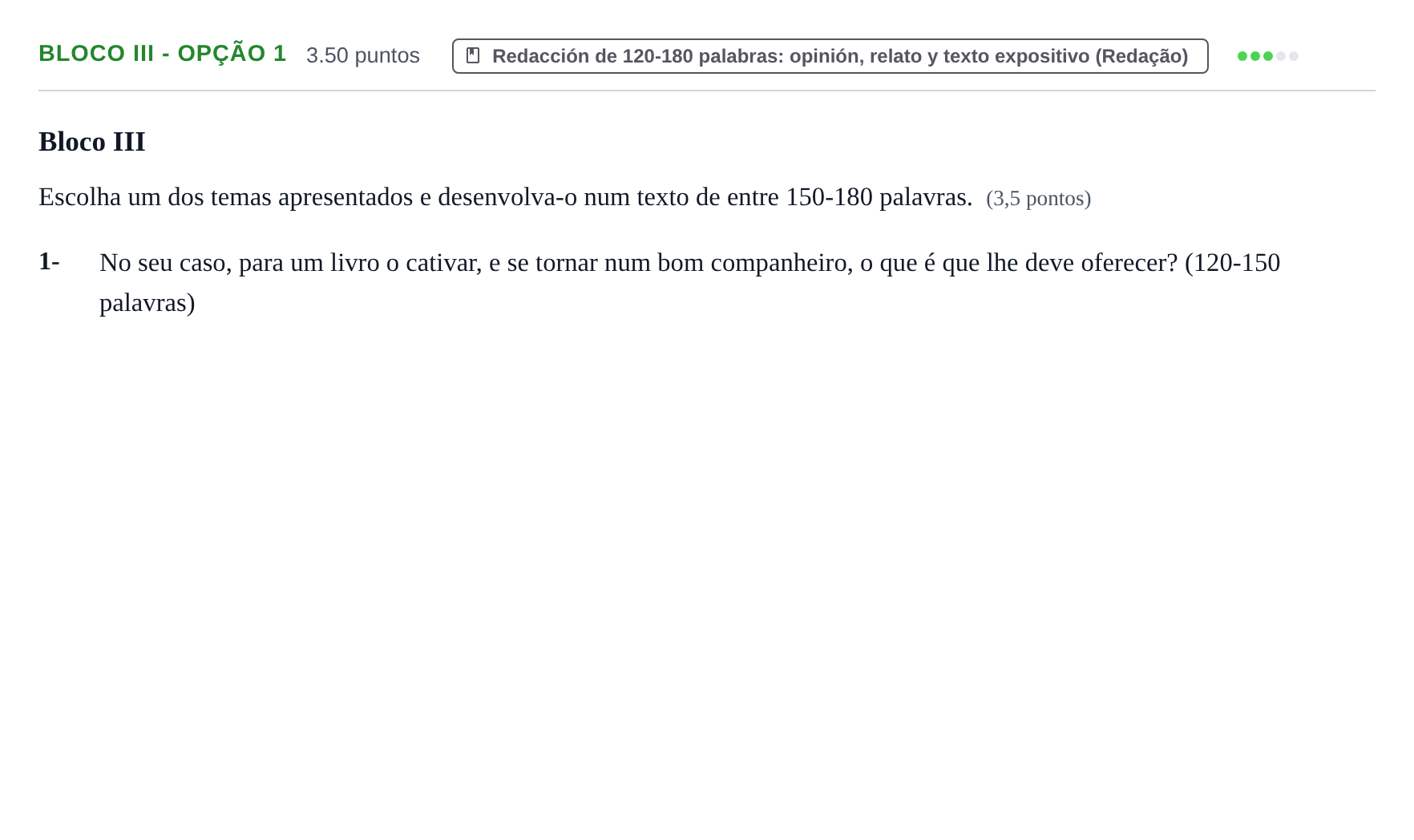 Enunciado: Ejercicio Bloco III - Opção 1 · Portugués PAU Baleares Ordinaria 2026