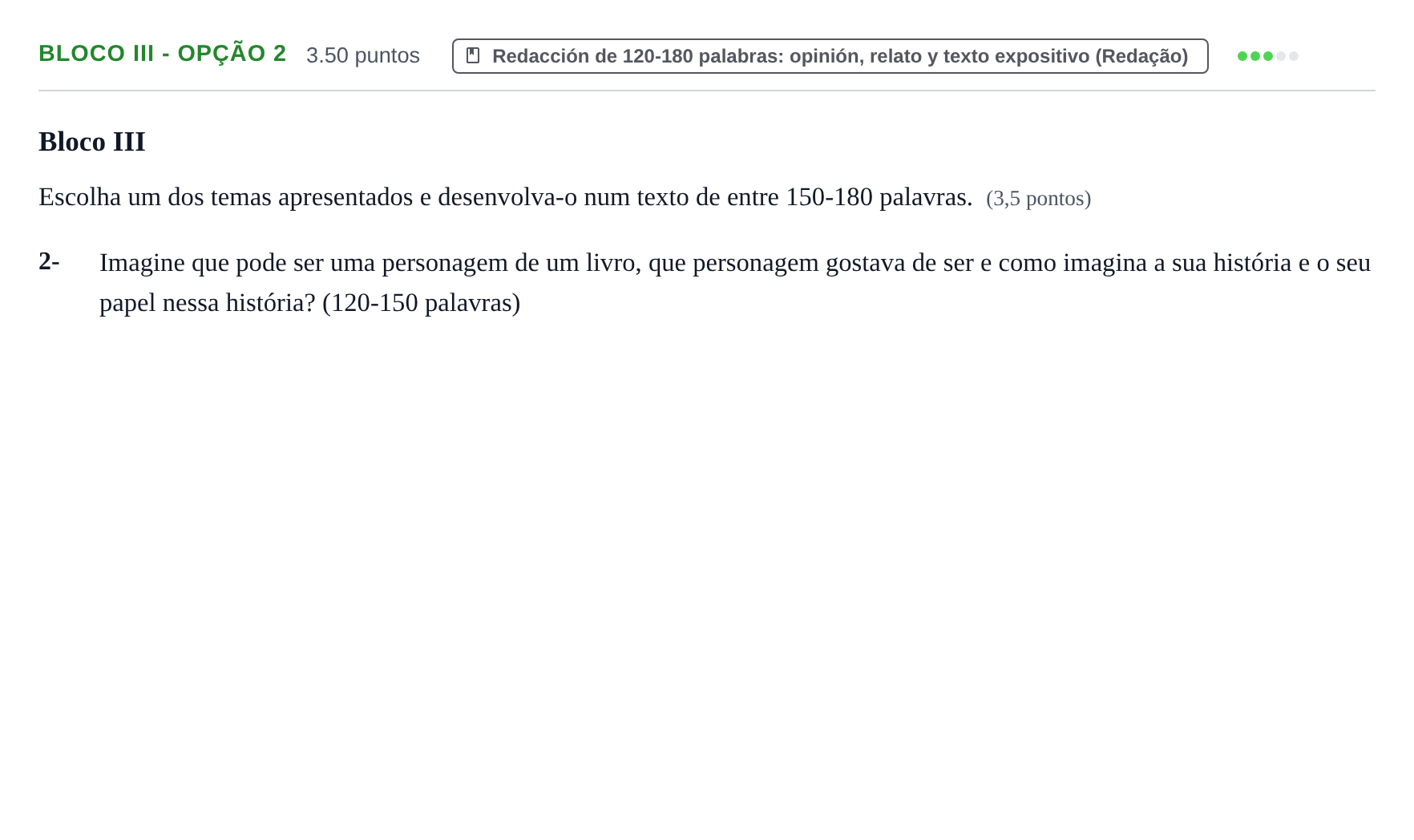 Enunciado: Ejercicio Bloco III - Opção 2 · Portugués PAU Baleares Ordinaria 2026