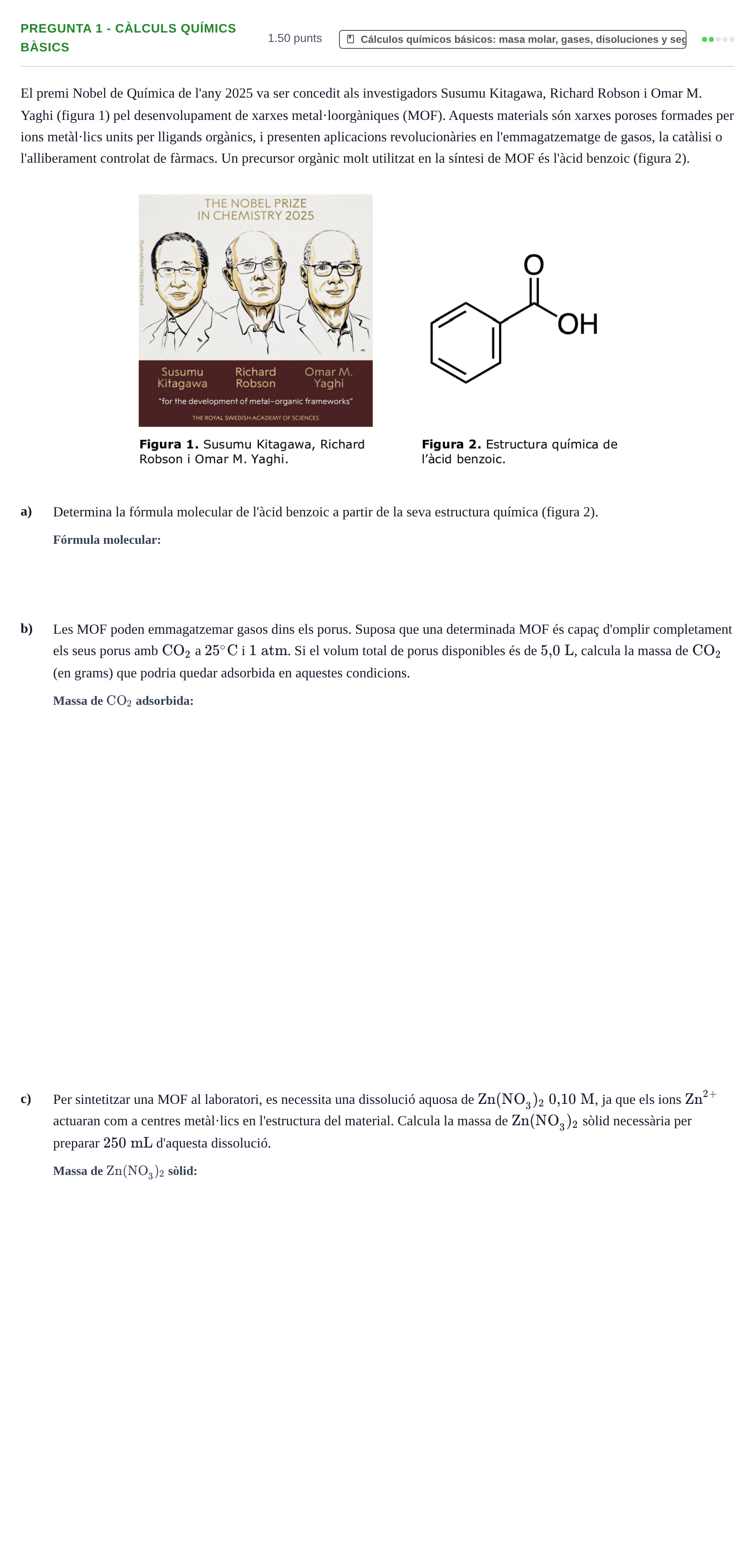 Enunciado: Pregunta 1 - Càlculs químics bàsics · Química PAU Baleares Extraordinaria 2026