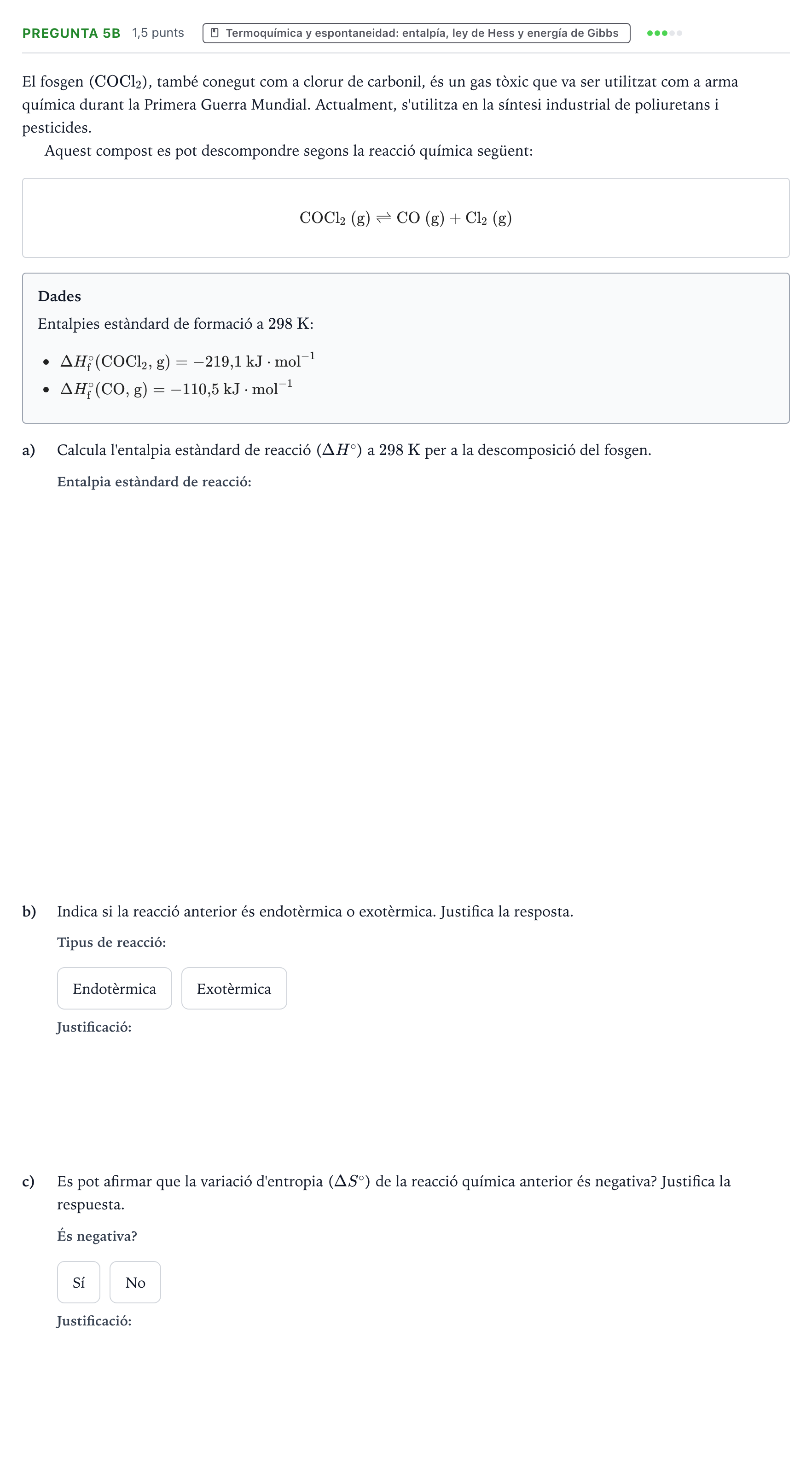 Enunciado: Pregunta 5B - Termoquímica · Química PAU Baleares Extraordinaria 2026