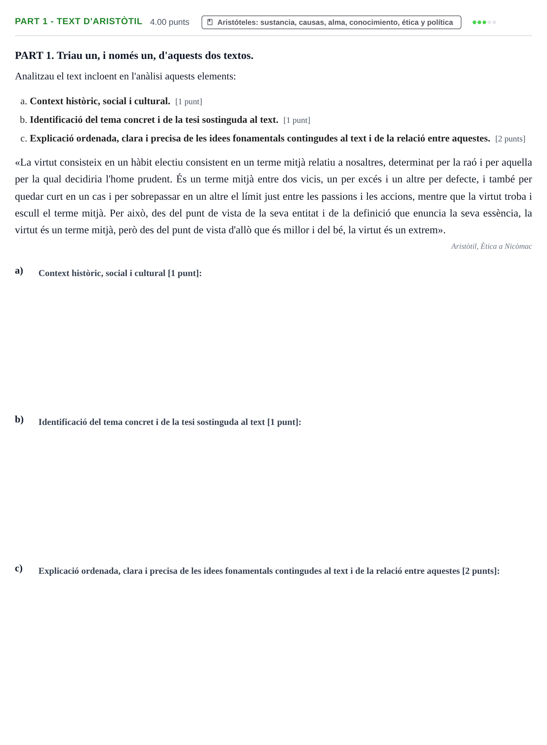 Enunciado: Part 1 - Text d'Aristòtil · Historia de la Filosofía PAU Baleares Extraordinaria 2025