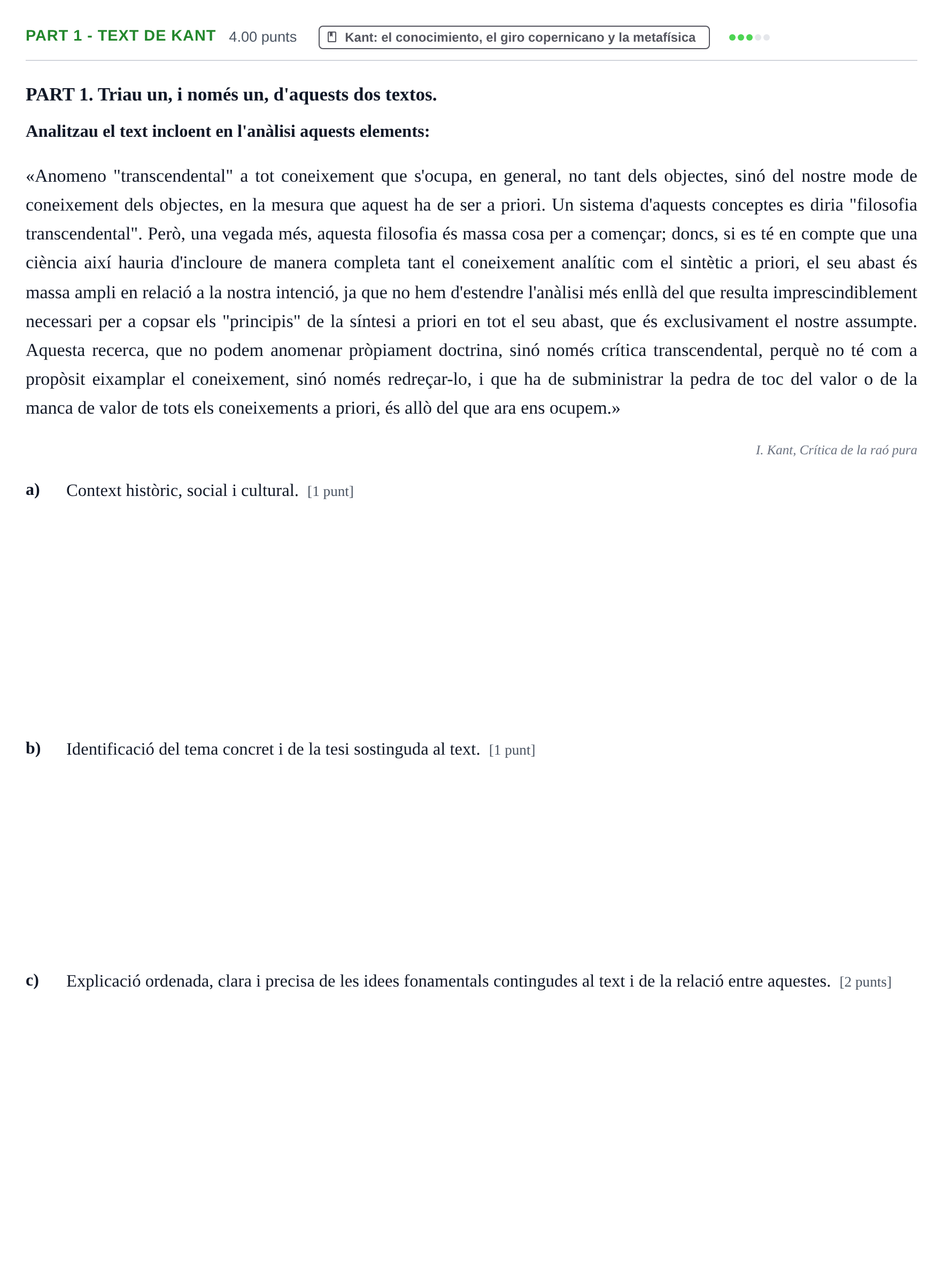 Enunciado: Part 1 - Text de Kant · Historia de la Filosofía PAU Baleares Extraordinaria 2025