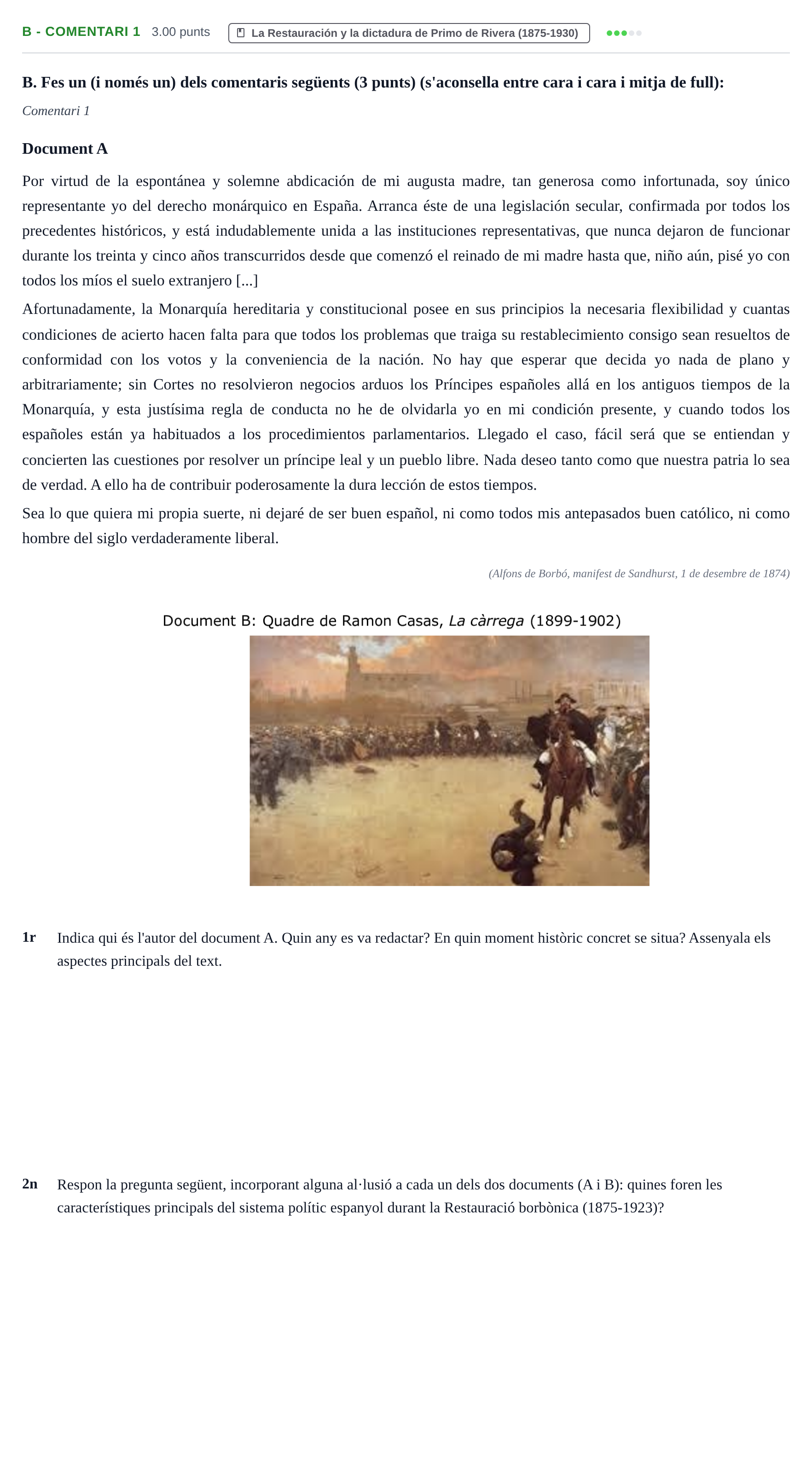 Enunciado: Ejercicio B - Comentari 1 · Historia de España PAU Baleares Extraordinaria 2025