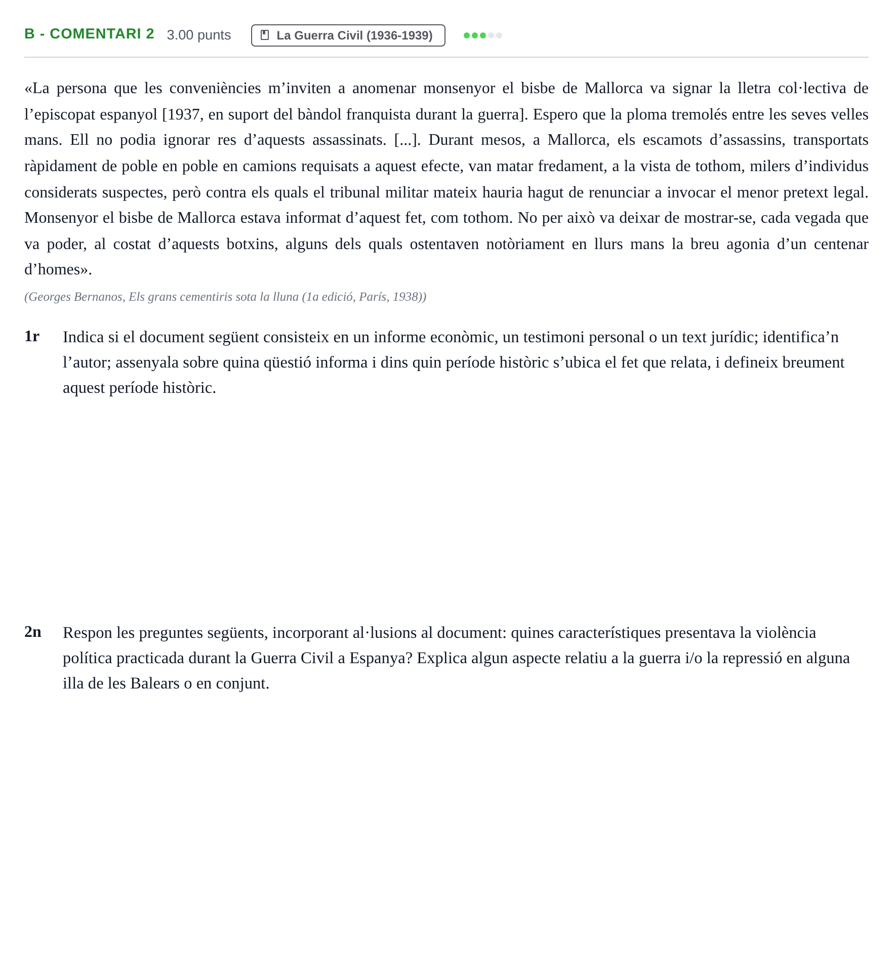 Enunciado: Ejercicio B - Comentari 2 · Historia de España PAU Baleares Extraordinaria 2025