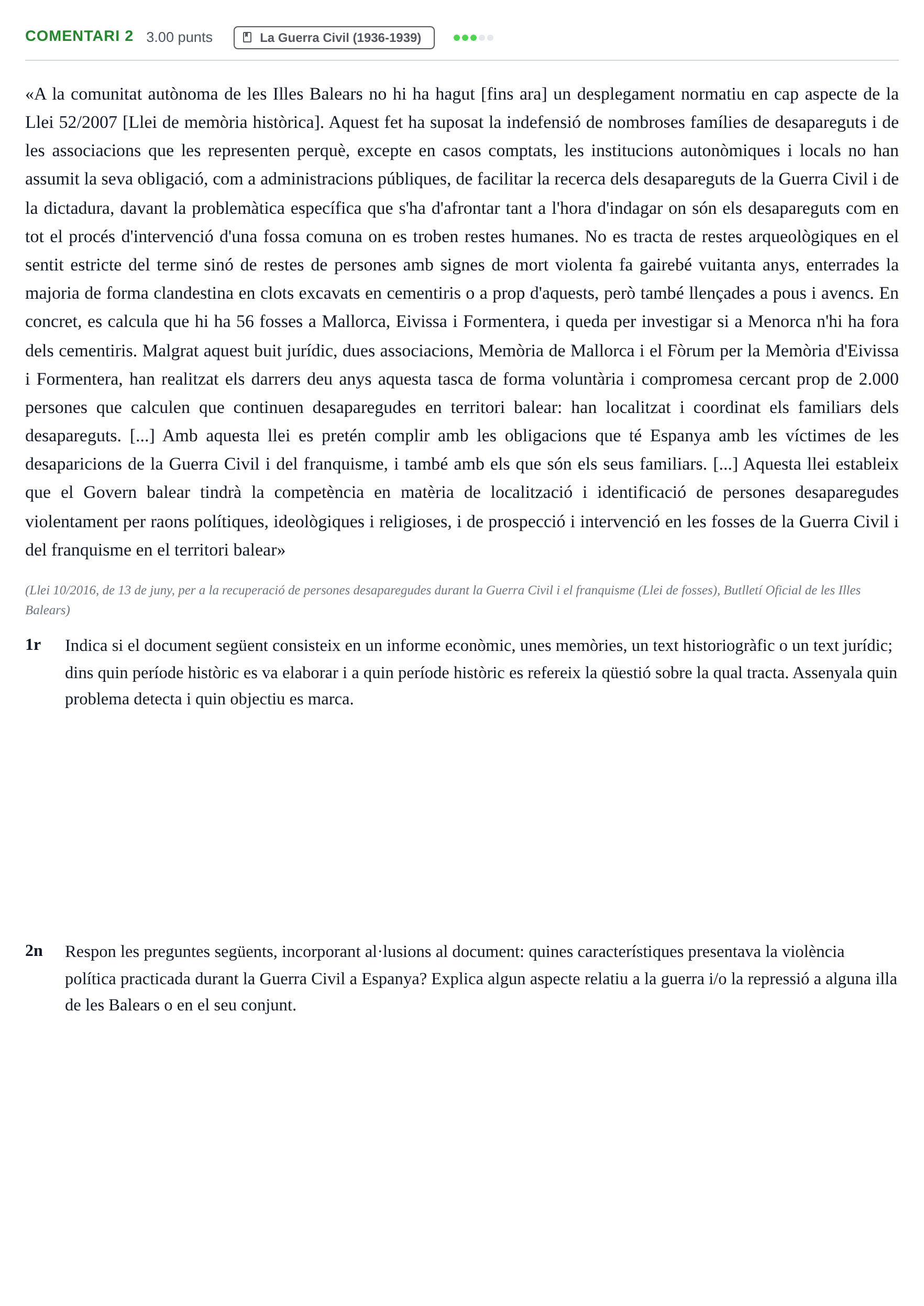 Enunciado: Ejercicio Comentari 2 · Historia de España PAU Baleares Ordinaria 2025