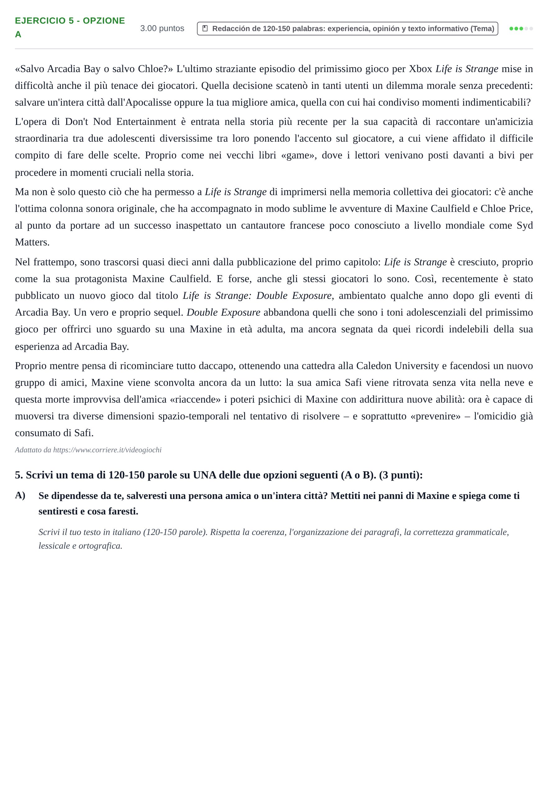 Enunciado: Ejercicio 5 - Opzione A · Italiano PAU Baleares Ordinaria 2025