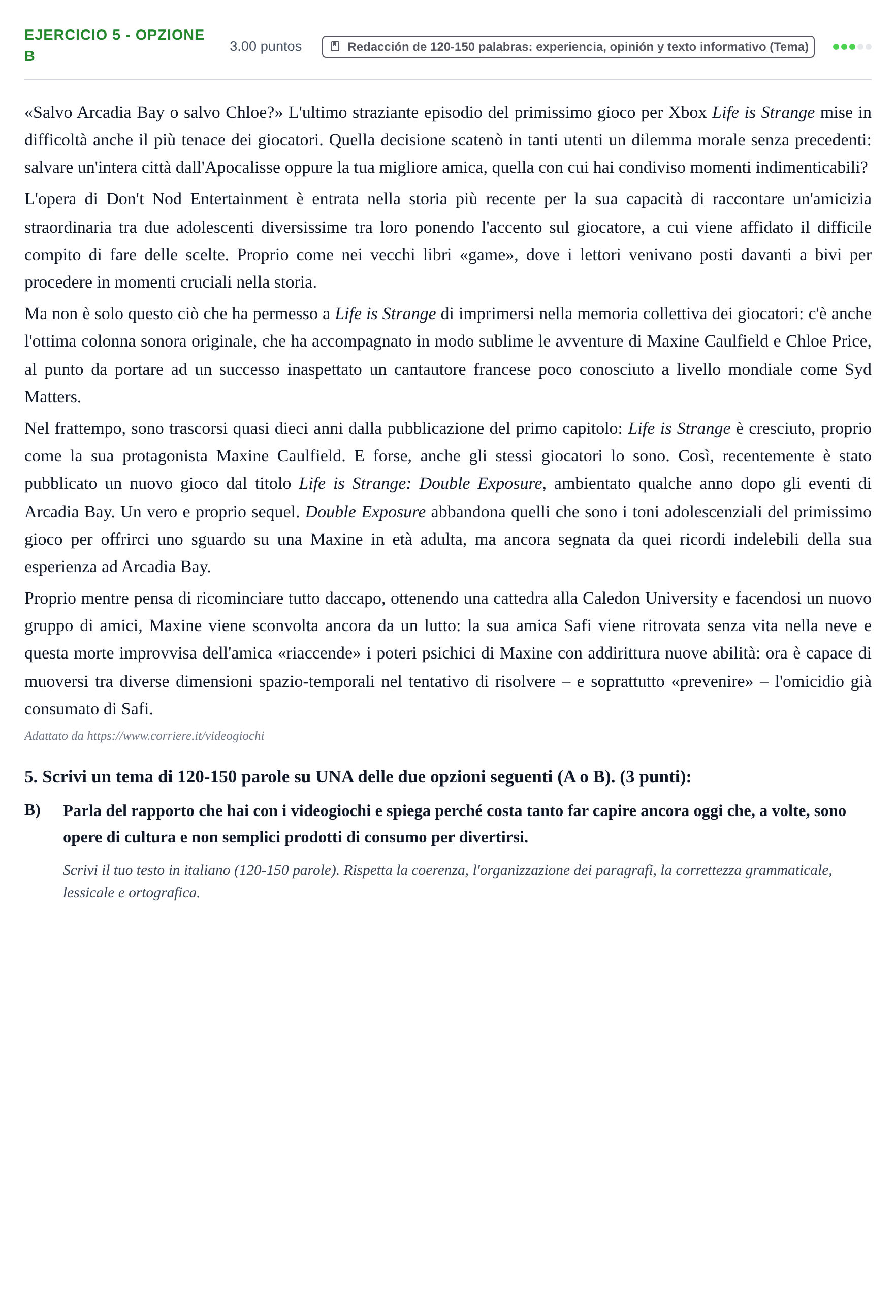 Enunciado: Ejercicio 5 - Opzione B · Italiano PAU Baleares Ordinaria 2025