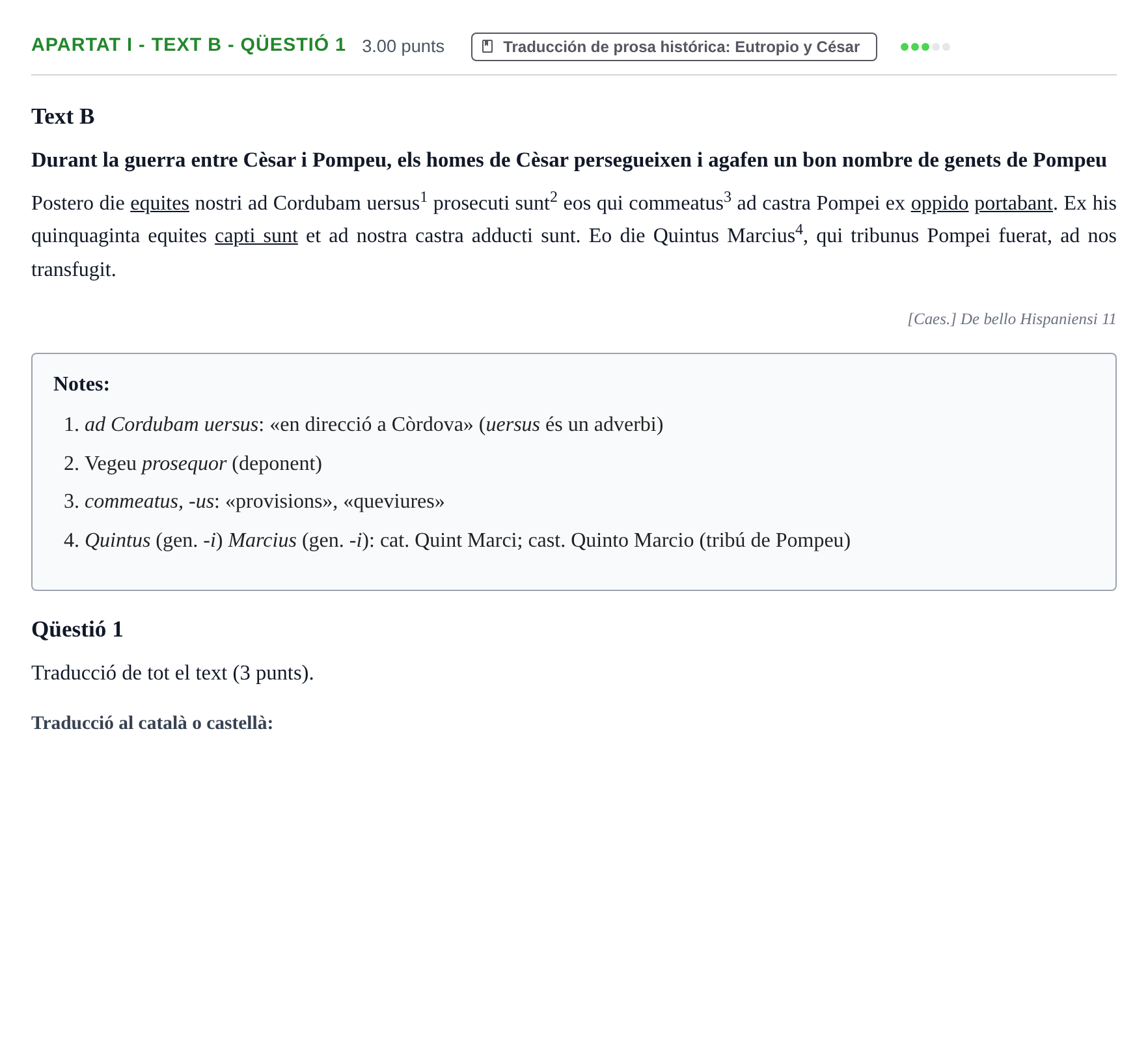 Enunciado: Ejercicio Apartat I - Text B - Qüestió 1 · Latín II PAU Baleares Extraordinaria 2025