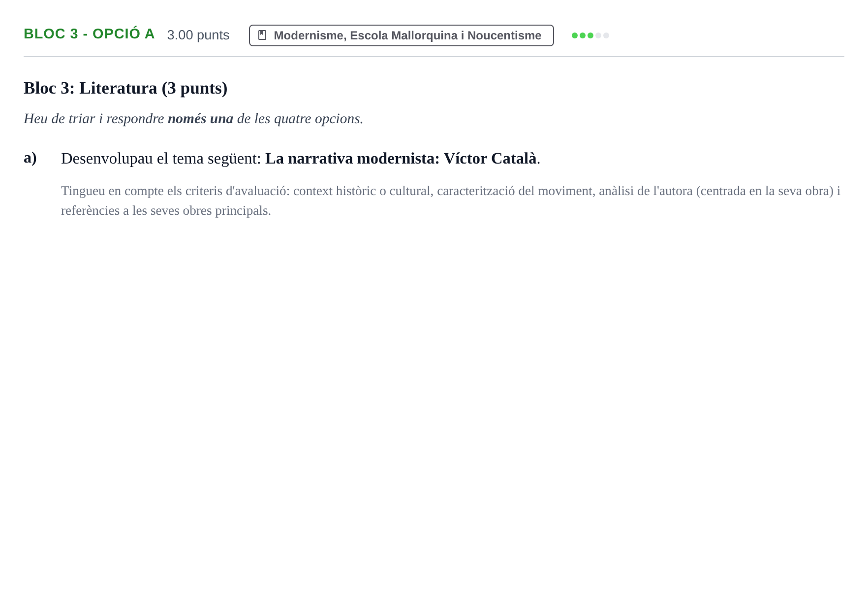 Enunciado: Ejercicio Bloc 3 - Opció a · Lengua Catalana y Literatura II PAU Baleares Extraordinaria 2025
