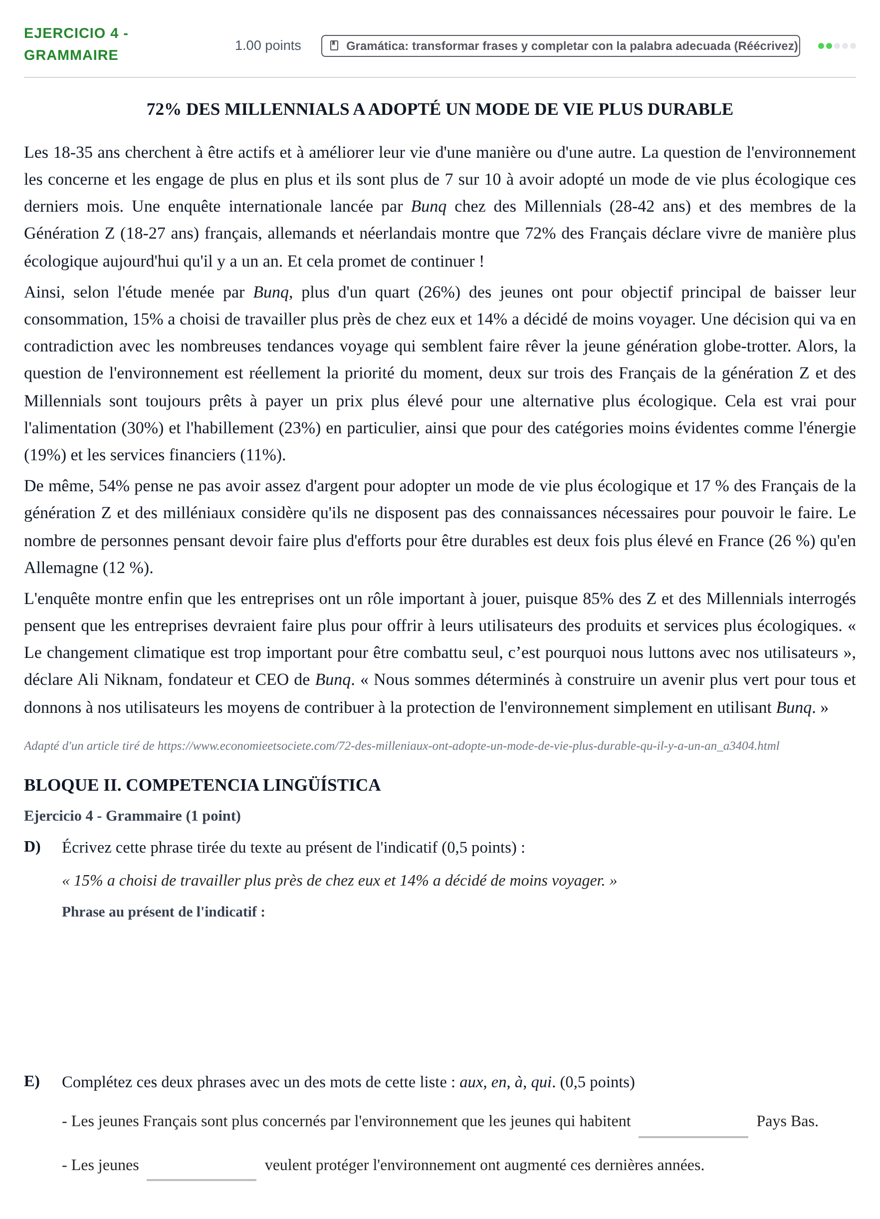 Enunciado: Ejercicio 4 - Grammaire · Francés PAU La Rioja Extraordinaria 2026