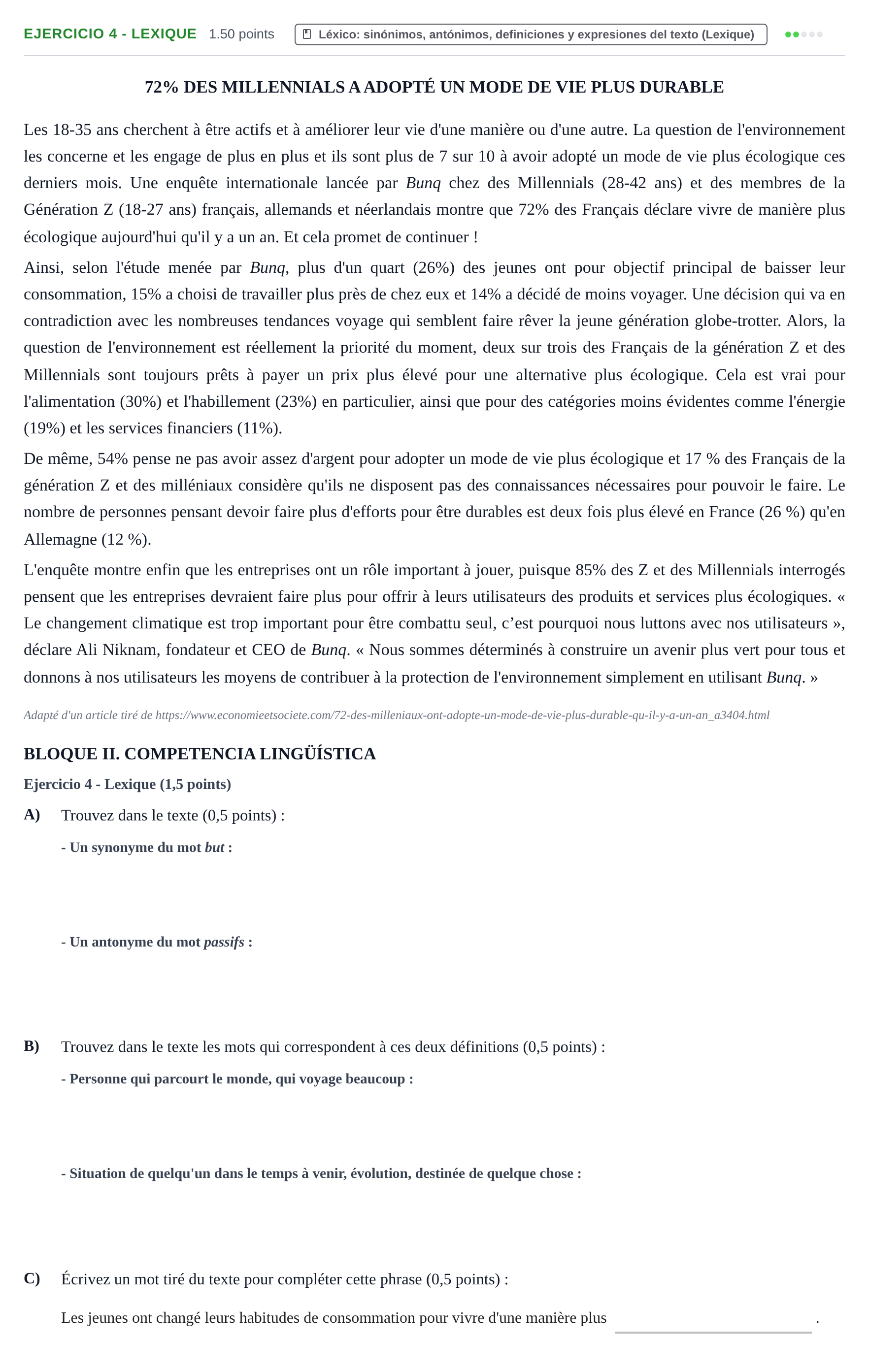 Enunciado: Ejercicio 4 - Lexique · Francés PAU La Rioja Extraordinaria 2026
