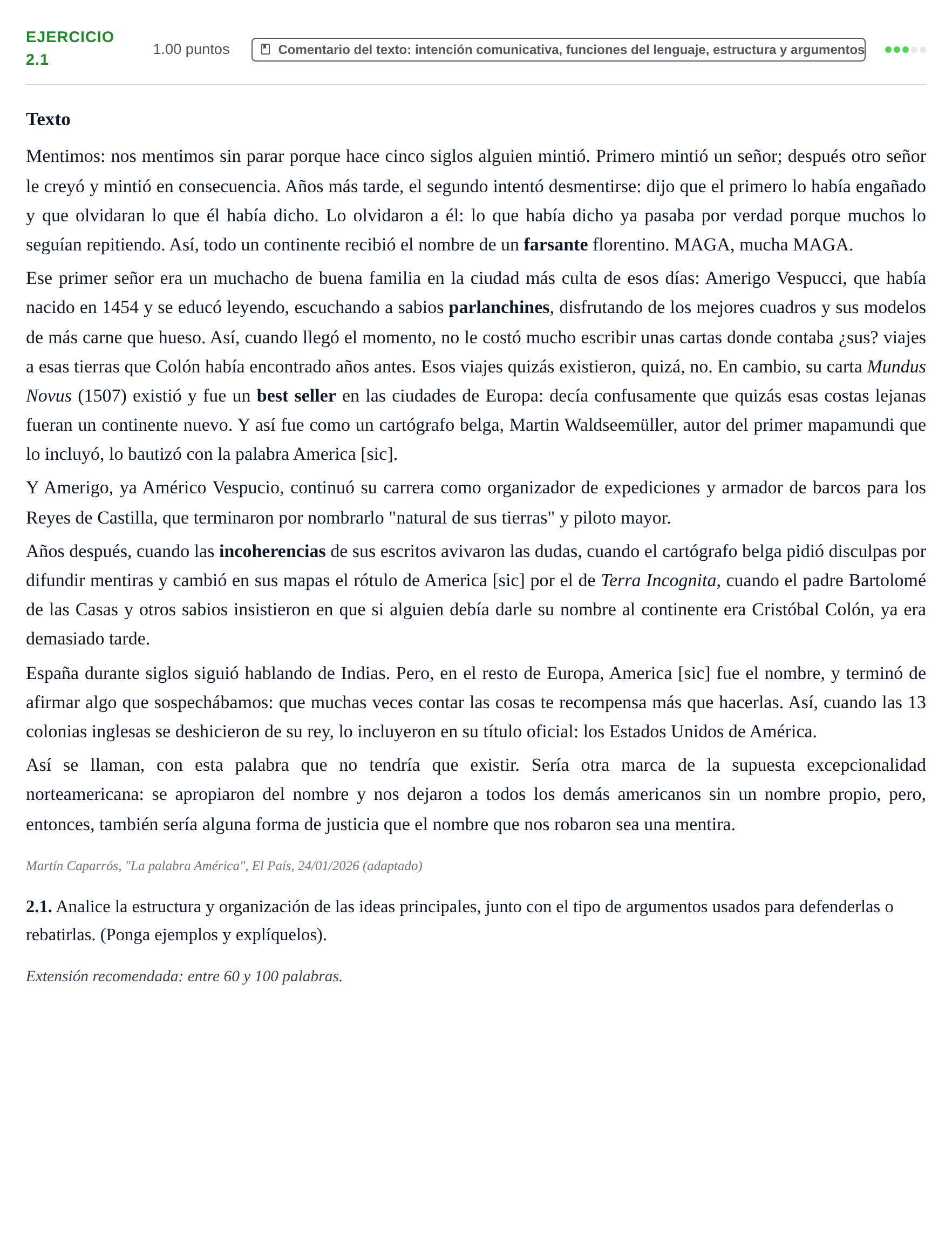 Enunciado: Ejercicio 2.1 · Lengua Castellana y Literatura II PAU La Rioja Extraordinaria 2026