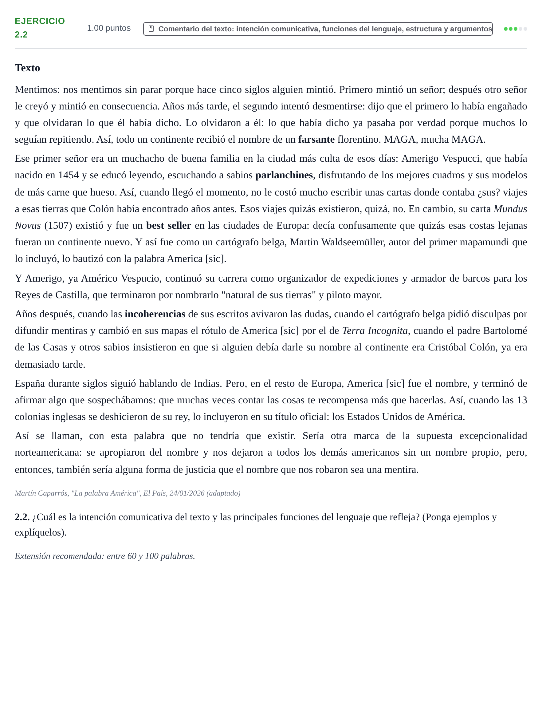 Enunciado: Ejercicio 2.2 · Lengua Castellana y Literatura II PAU La Rioja Extraordinaria 2026