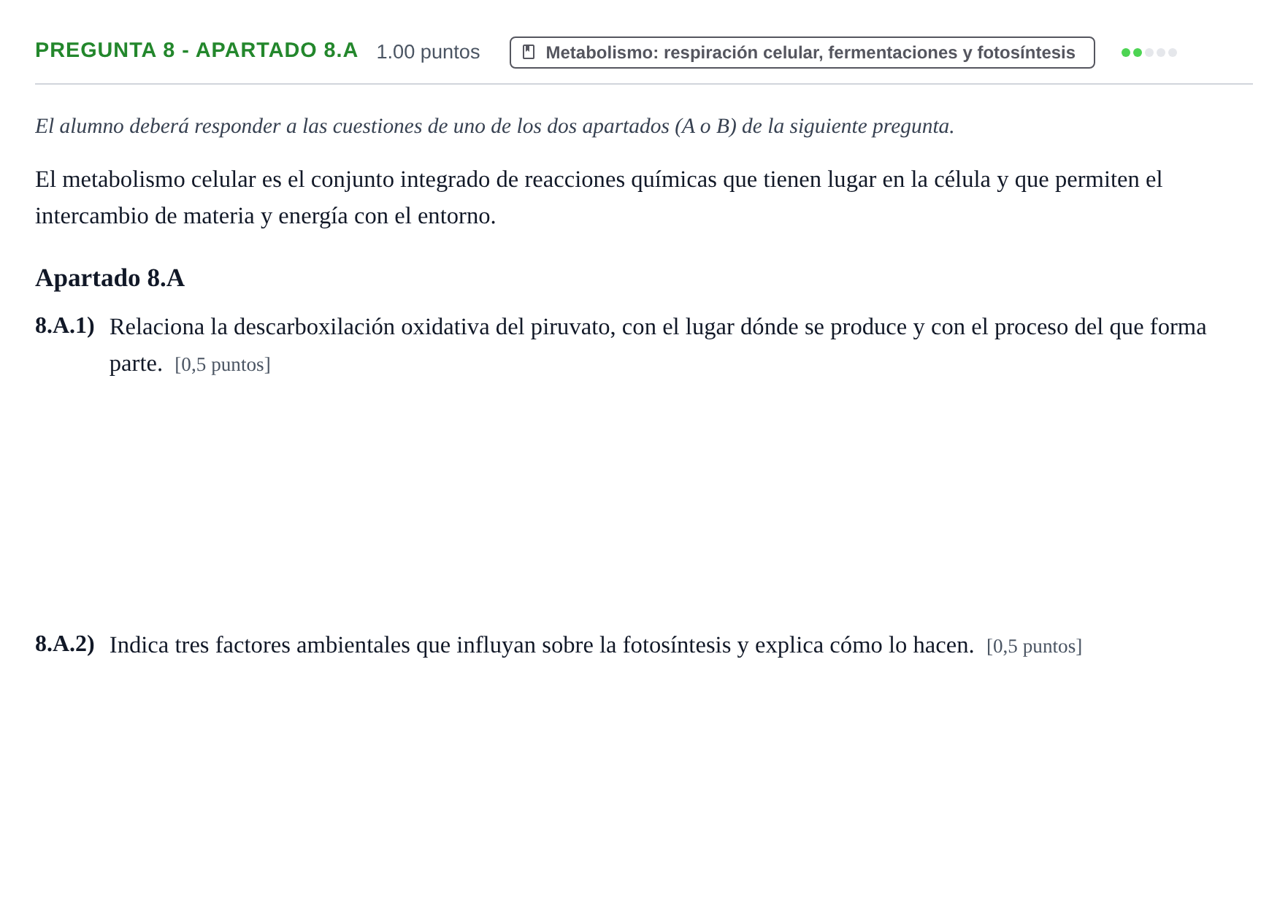 Enunciado: Pregunta 8 - Apartado 8.A · Biología PAU La Rioja Ordinaria 2026